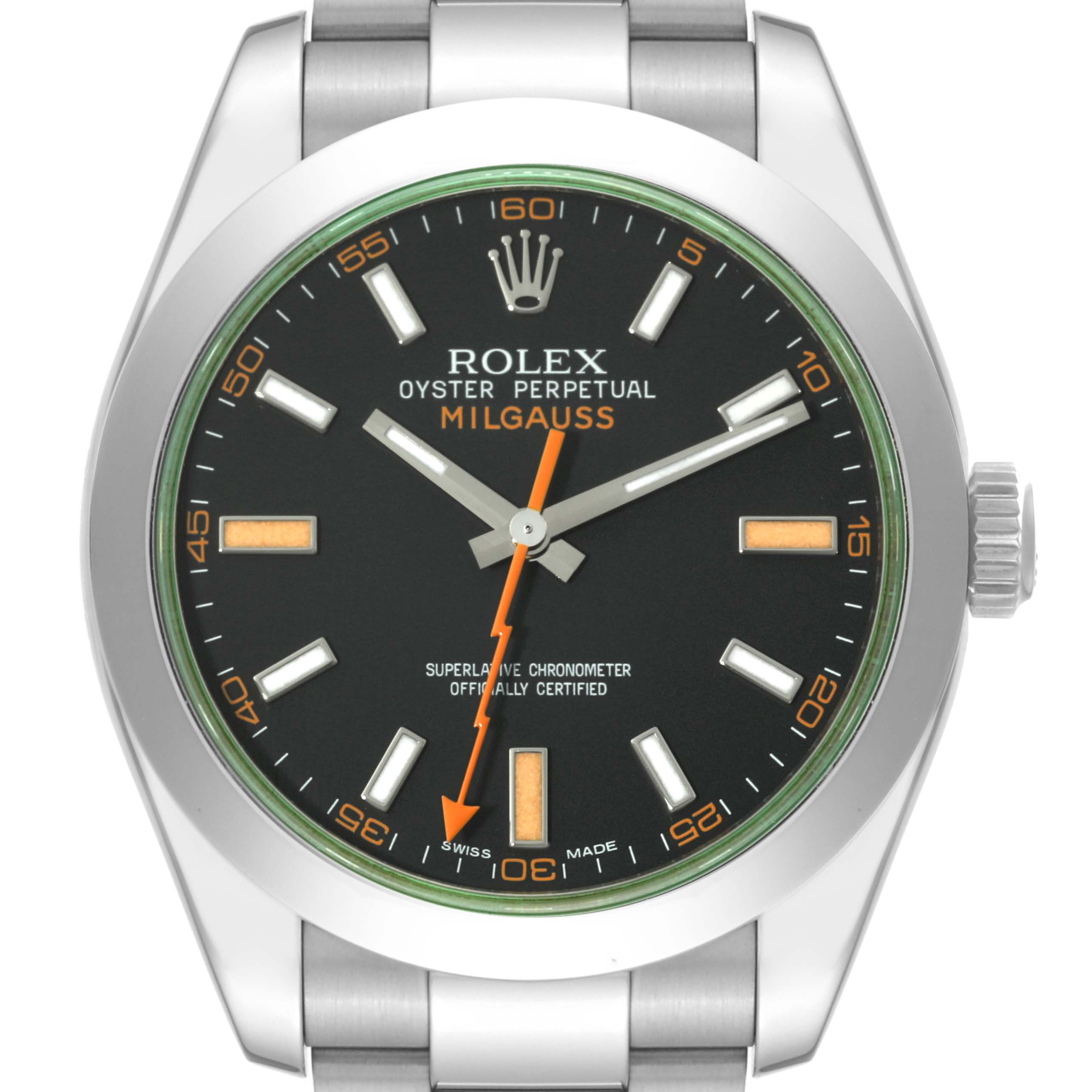 A front view of a Rolex Milgauss 116400GV Men's Stainless Steel Black Dial 116400GV Men's Stainless Steel Black Dial watch, showing the dial, hands, markers, crown, and part of the bracelet.
