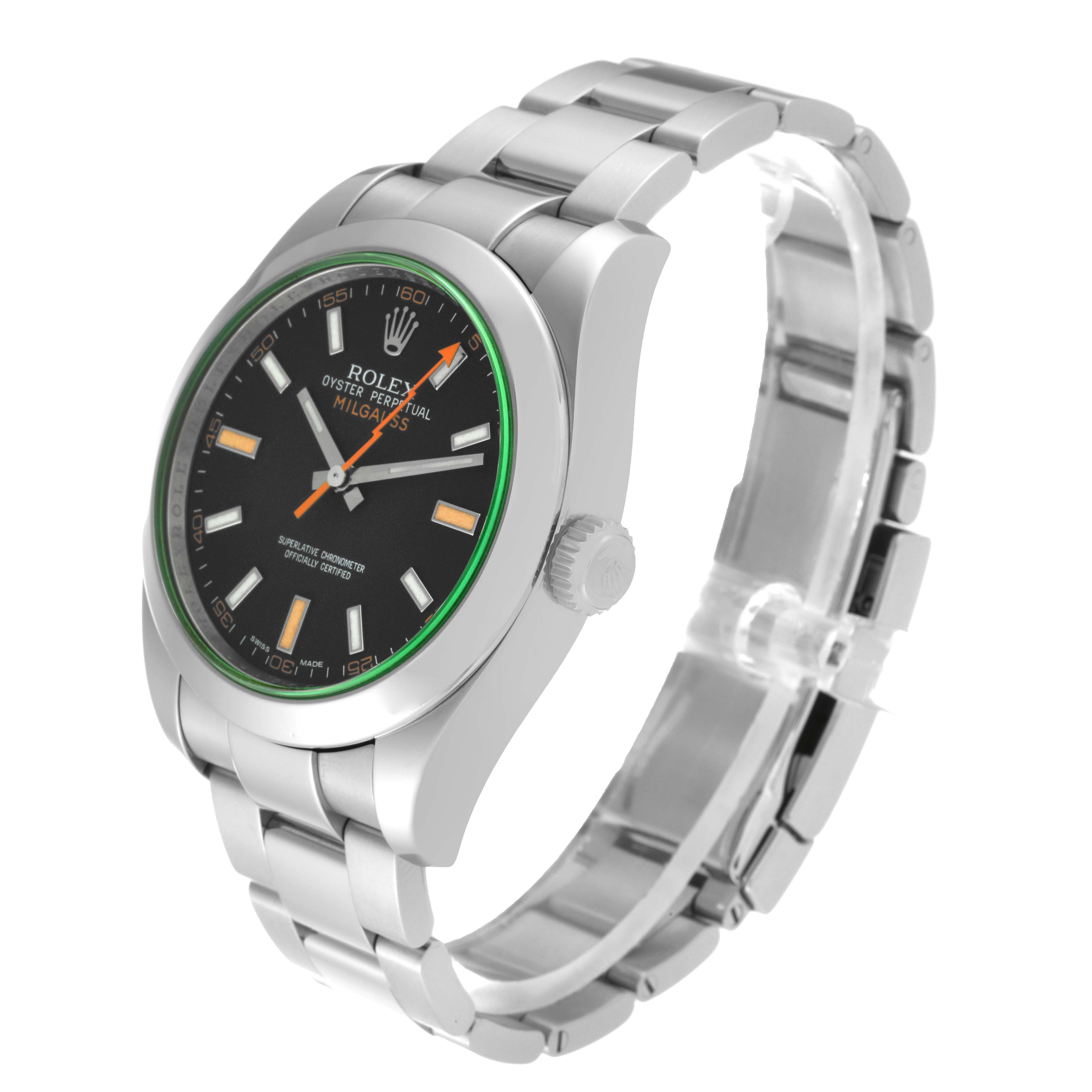 The image shows a Rolex Milgauss 116400GV Men's Stainless Steel Black Dial 116400GV Men's Stainless Steel Black Dial watch at a three-quarter angle, highlighting the face, crown, and bracelet.