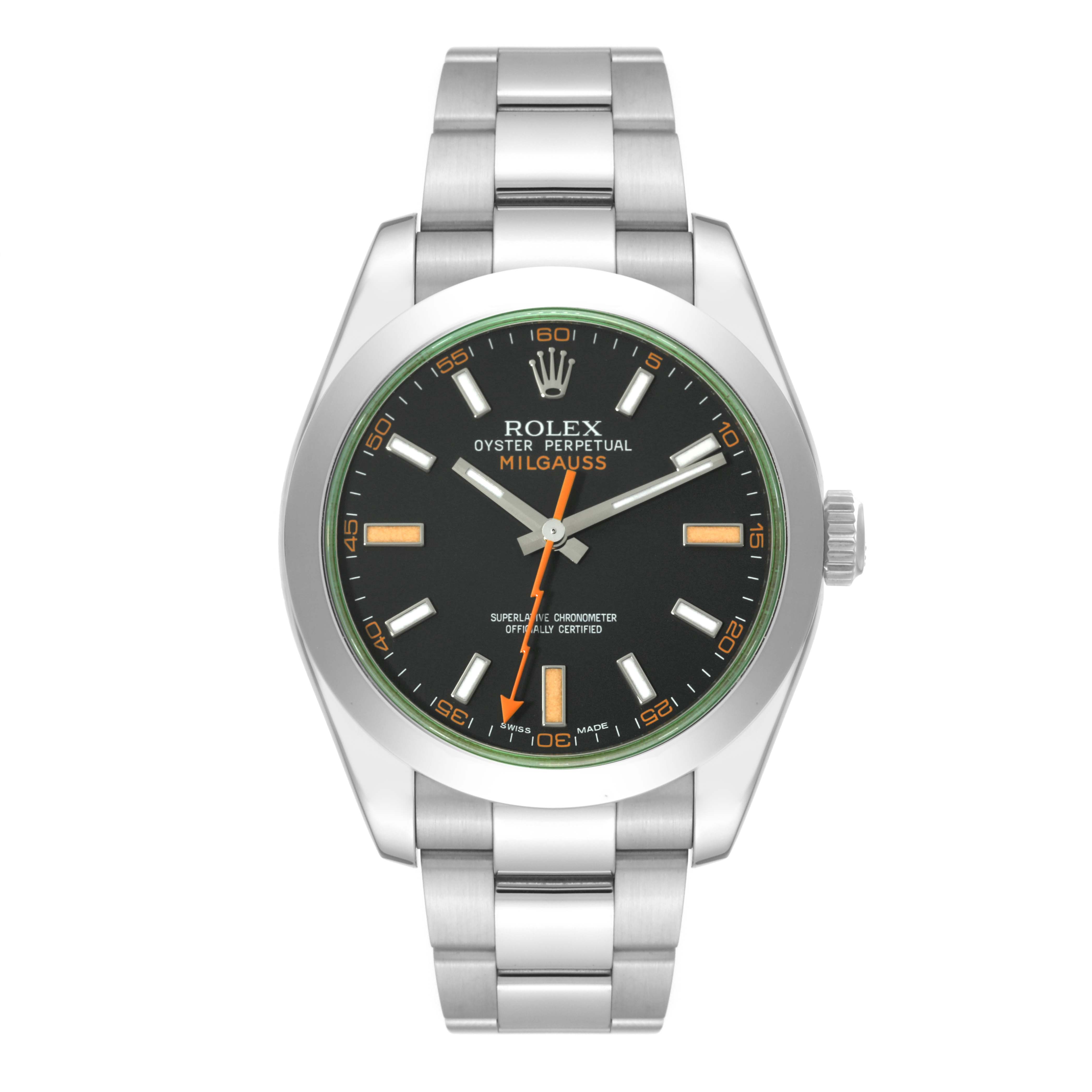 The image shows a front view of a Rolex Milgauss 116400GV Men's Stainless Steel Black Dial 116400GV Men's Stainless Steel Black Dial watch, displaying its dial, bezel, bracelet, and crown.