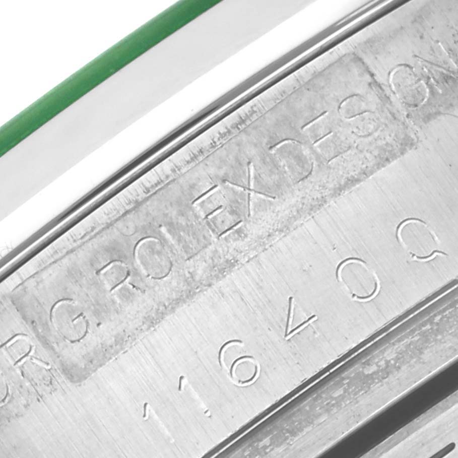 This is a close-up angle of the serial number and model engraving on the Rolex Milgauss 116400GV Men's Stainless Steel Black Dial 116400GV Men's Stainless Steel Black Dial watch.