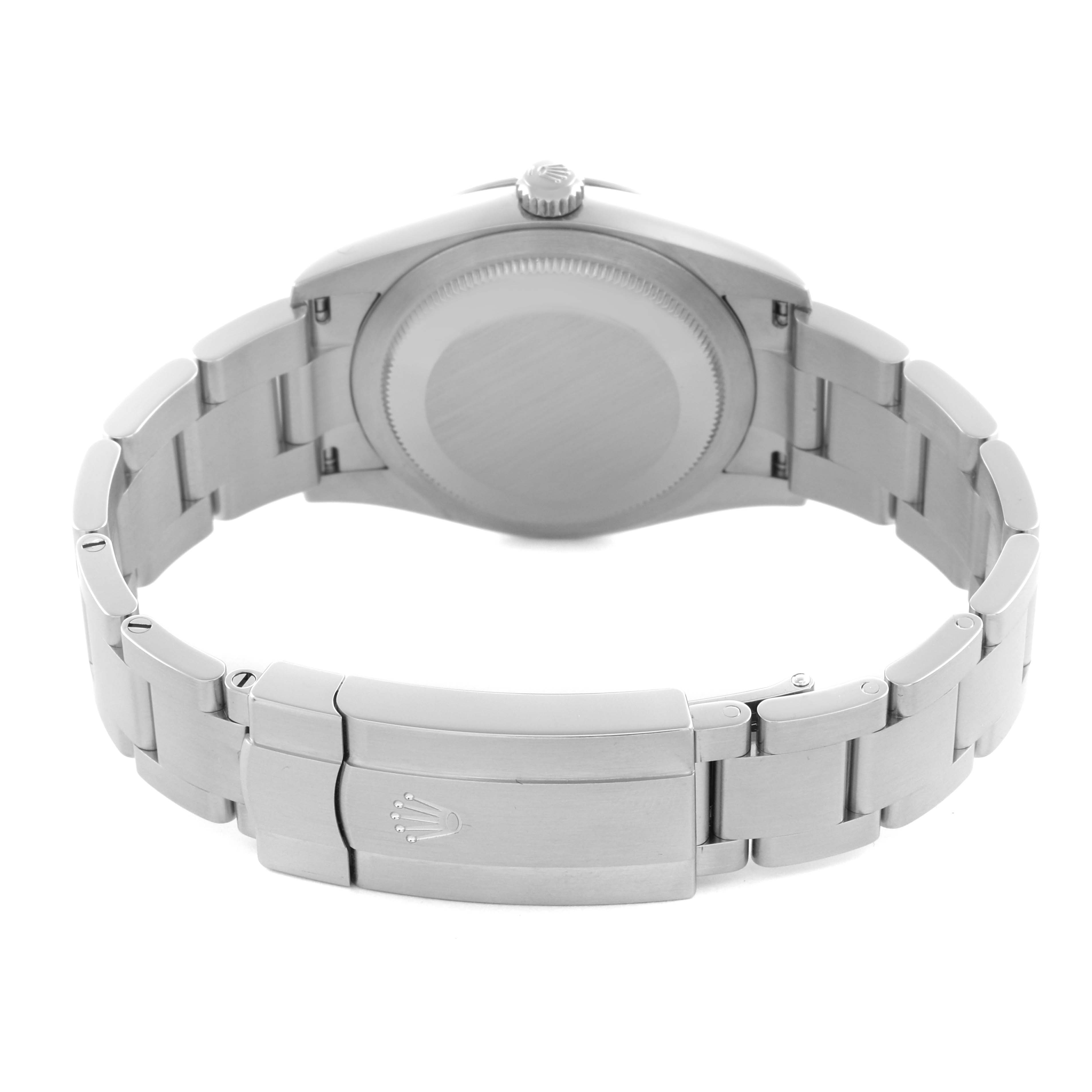 The image shows the back side of the Rolex Oyster Perpetual 124200 Men
s Stainless Steel Pink Dial 124200 Men
s Stainless Steel Pink Dial, highlighting the case back and bracelet clasp.