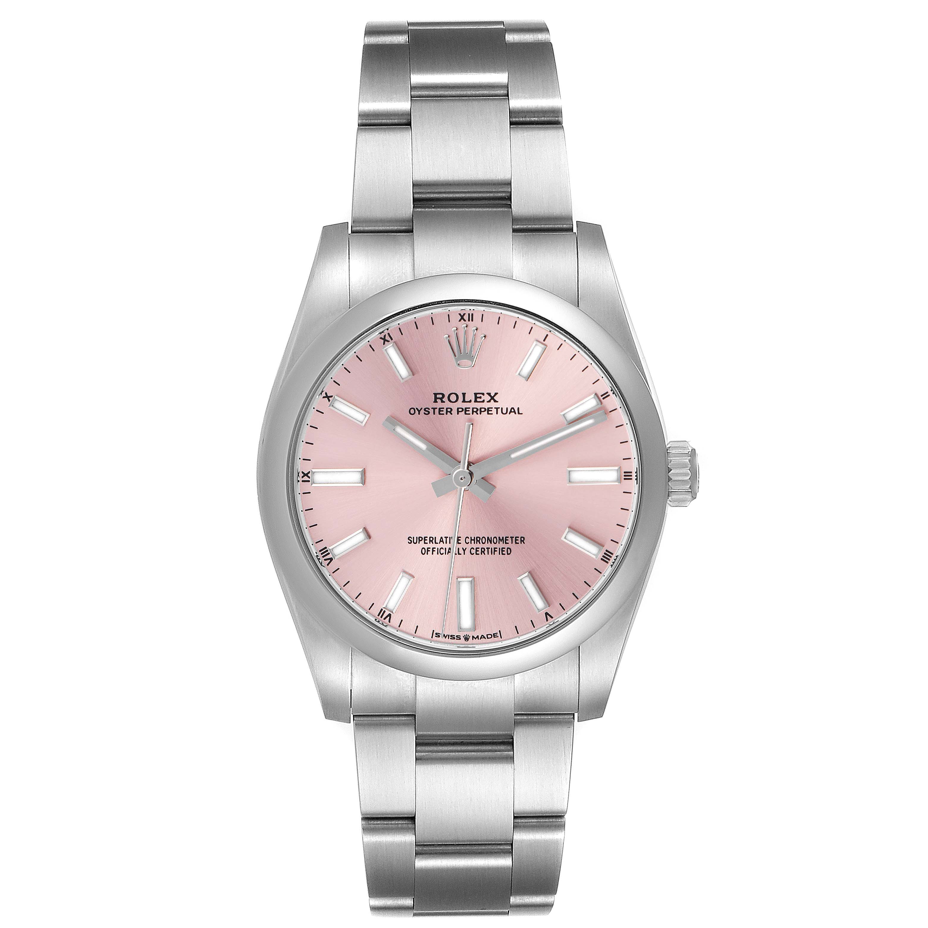 The Rolex Oyster Perpetual 124200 Men
s Stainless Steel Pink Dial 124200 Men
s Stainless Steel Pink Dial watch is shown from a top-down angle displaying its pink dial and stainless steel bracelet.