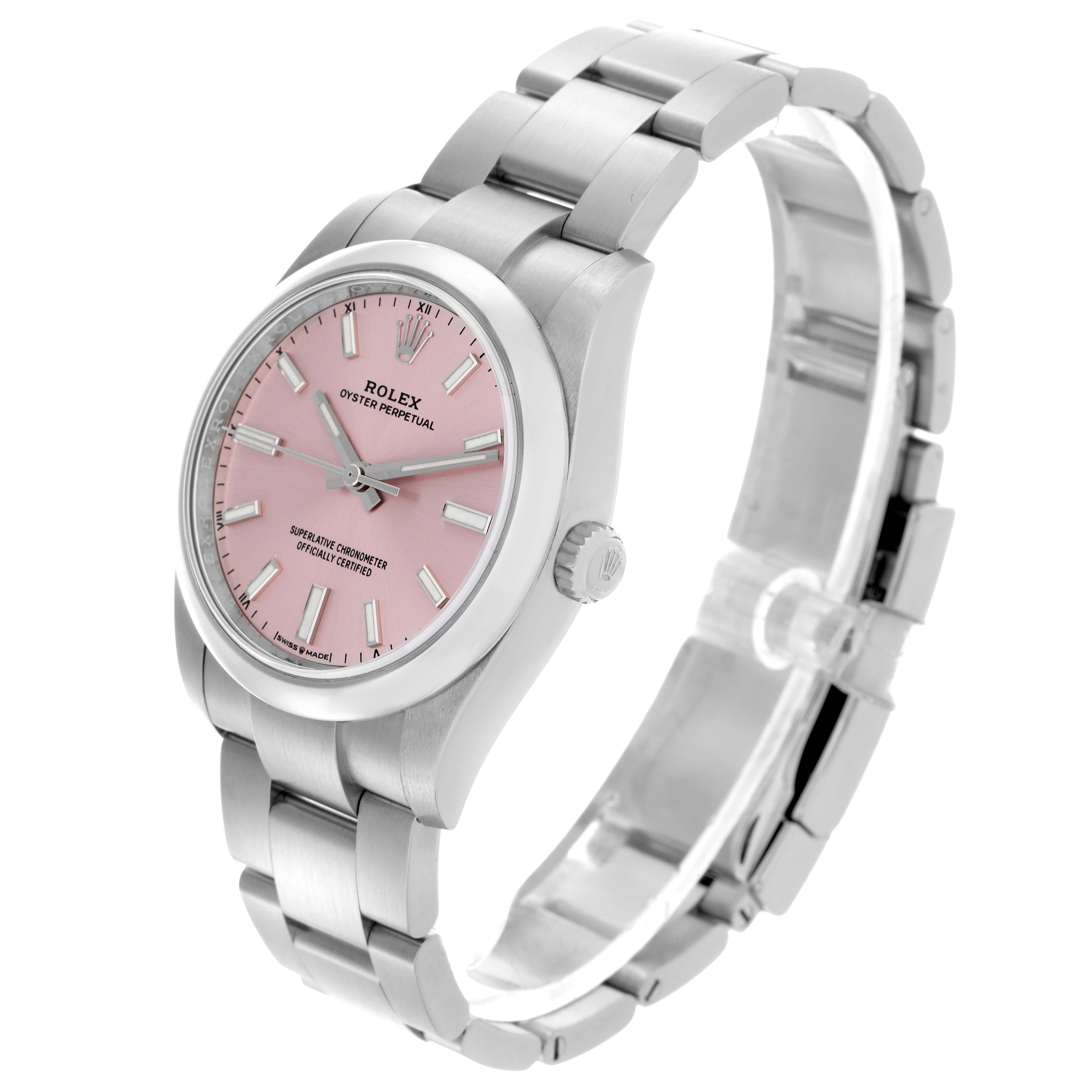 The Rolex Oyster Perpetual 124200 Men
s Stainless Steel Pink Dial 124200 Men
s Stainless Steel Pink Dial watch is shown at an angled side view, displaying the pink dial, bracelet, and crown.