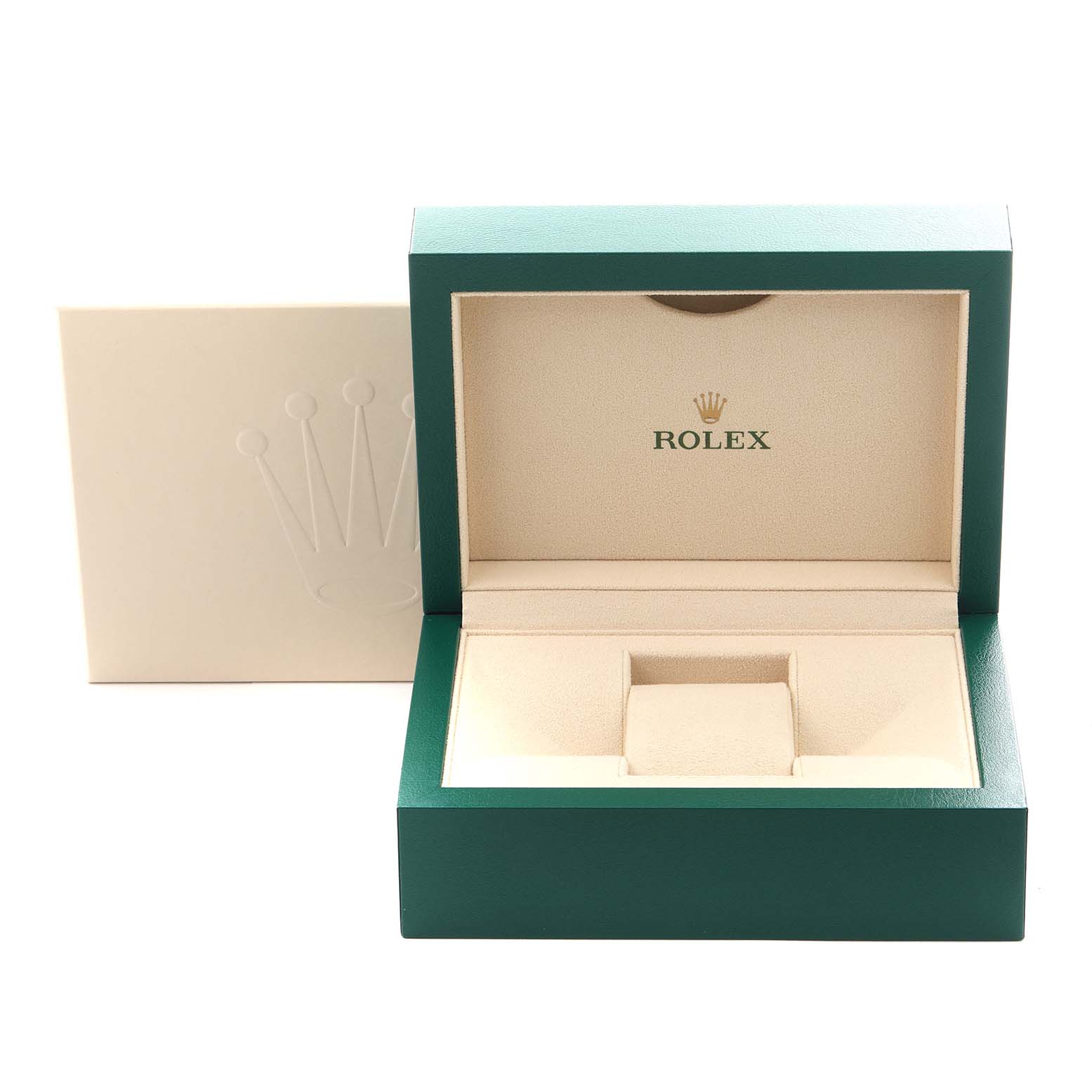 The image shows an open Rolex Oyster Perpetual 124200 Men
s Stainless Steel Pink Dial 124200 Men
s Stainless Steel Pink Dial watch box, highlighting its interior and Rolex branding.