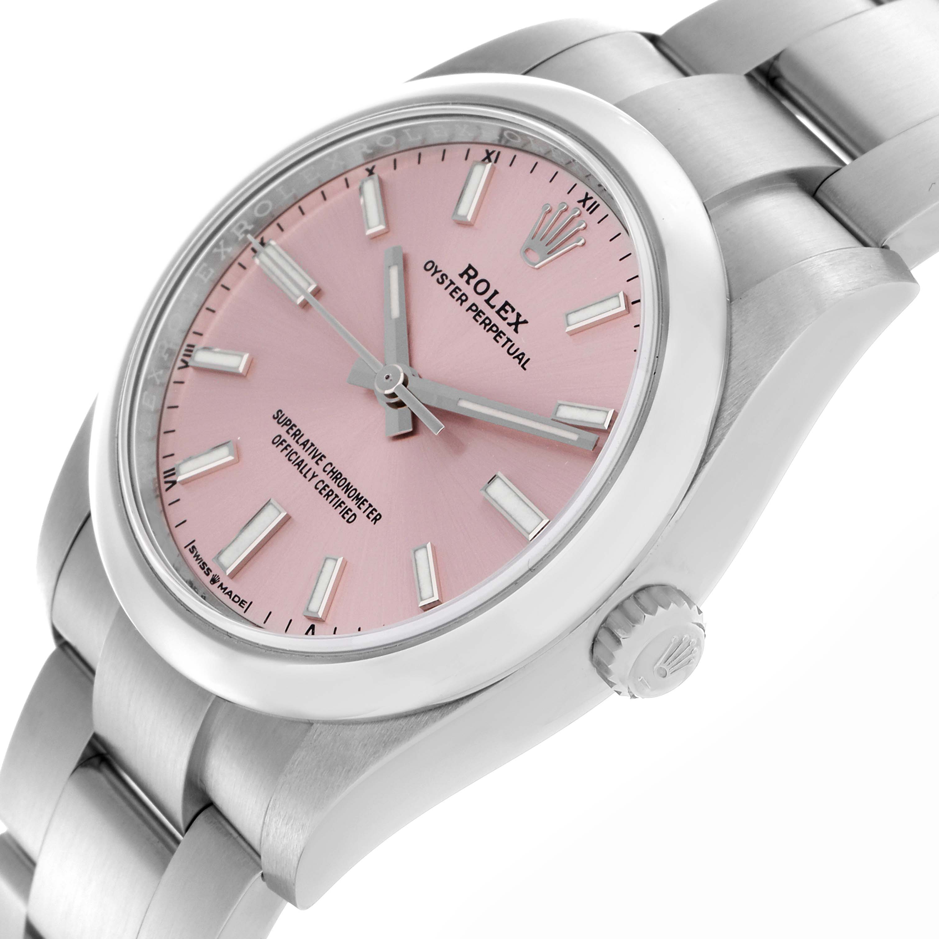 The Rolex Oyster Perpetual 124200 Men
s Stainless Steel Pink Dial 124200 Men
s Stainless Steel Pink Dial watch is shown at an angle displaying the pink dial, crown, and partially the bracelet.