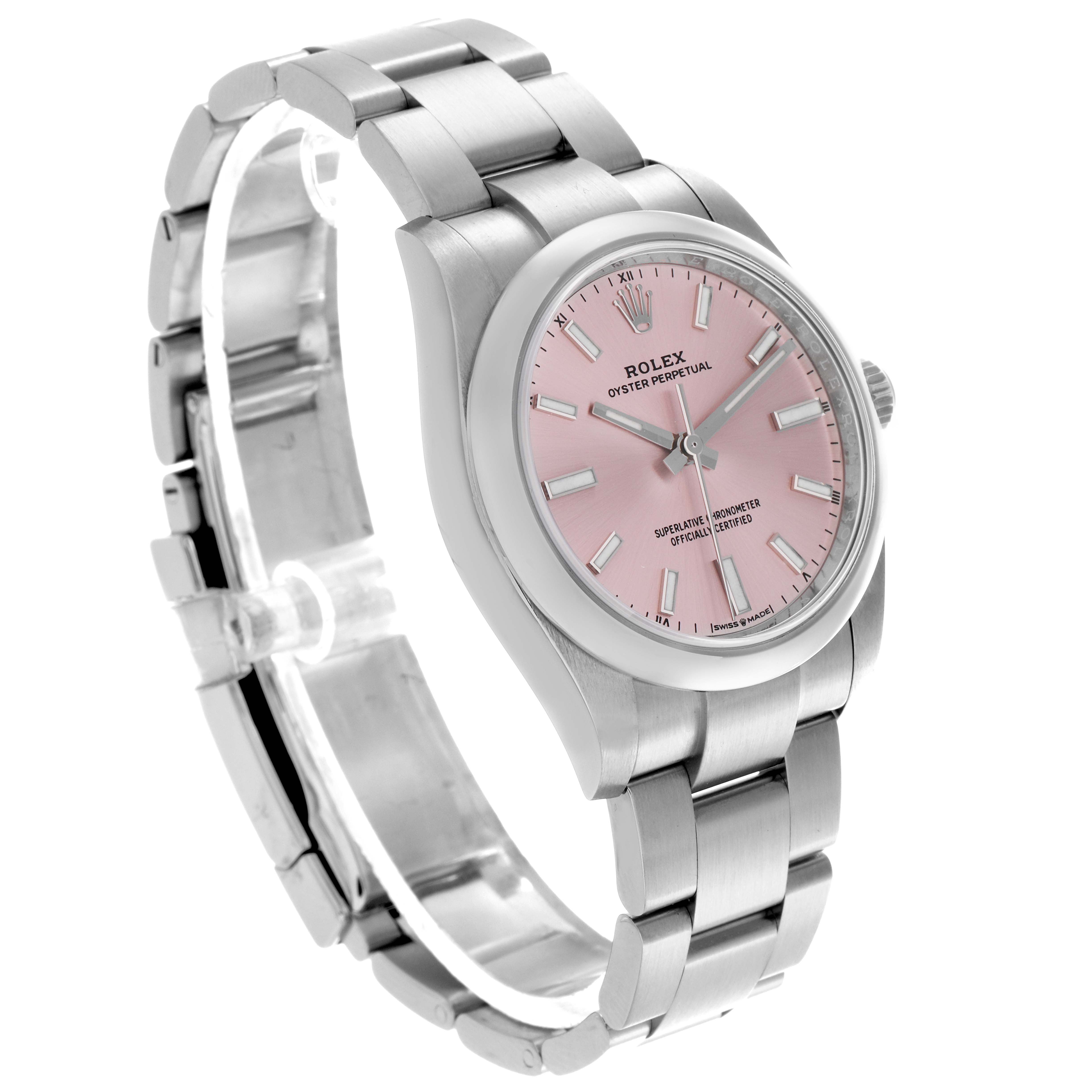 The Rolex Oyster Perpetual 124200 Men
s Stainless Steel Pink Dial 124200 Men
s Stainless Steel Pink Dial watch is shown at a three-quarter angle, displaying the dial, bezel, and bracelet.