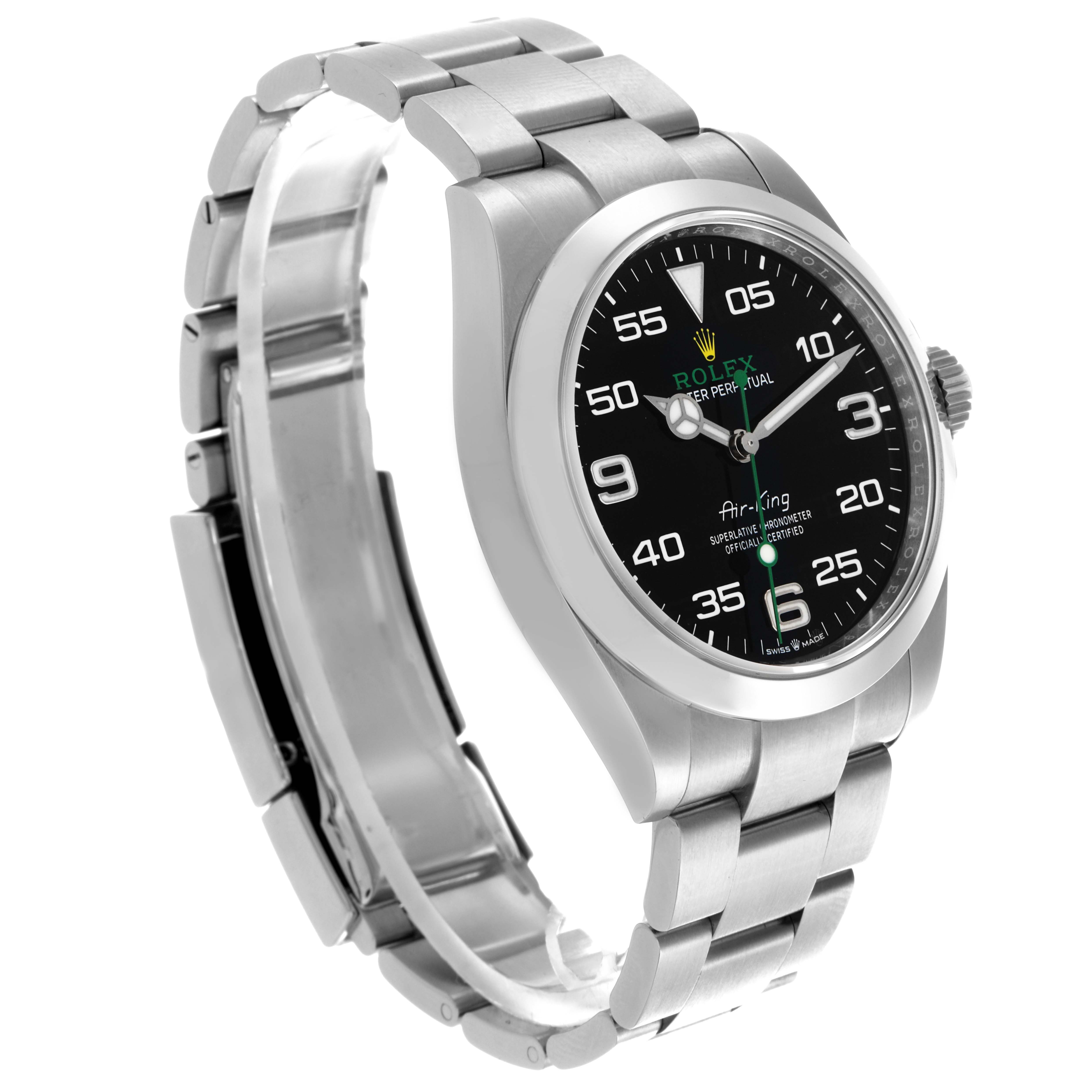 The Rolex Air-King 126900 Men's Stainless Steel Black Dial 126900 Men's Stainless Steel Black Dial watch is shown at a three-quarter angle, highlighting its dial, bezel, and bracelet.