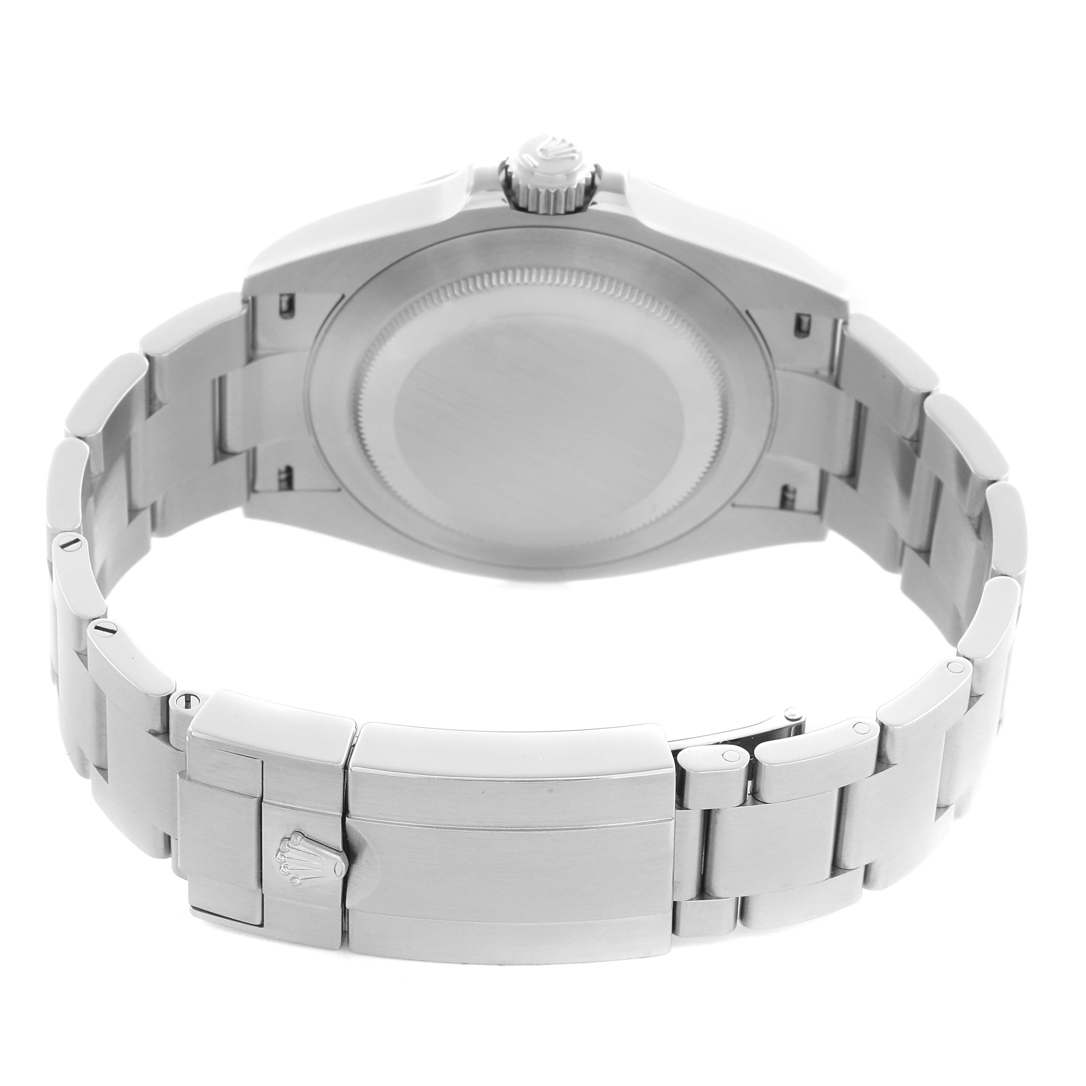 The image shows the Rolex Air-King 126900 Men's Stainless Steel Black Dial 126900 Men's Stainless Steel Black Dial watch from the back, highlighting the case back, crown, and metal bracelet with clasp.