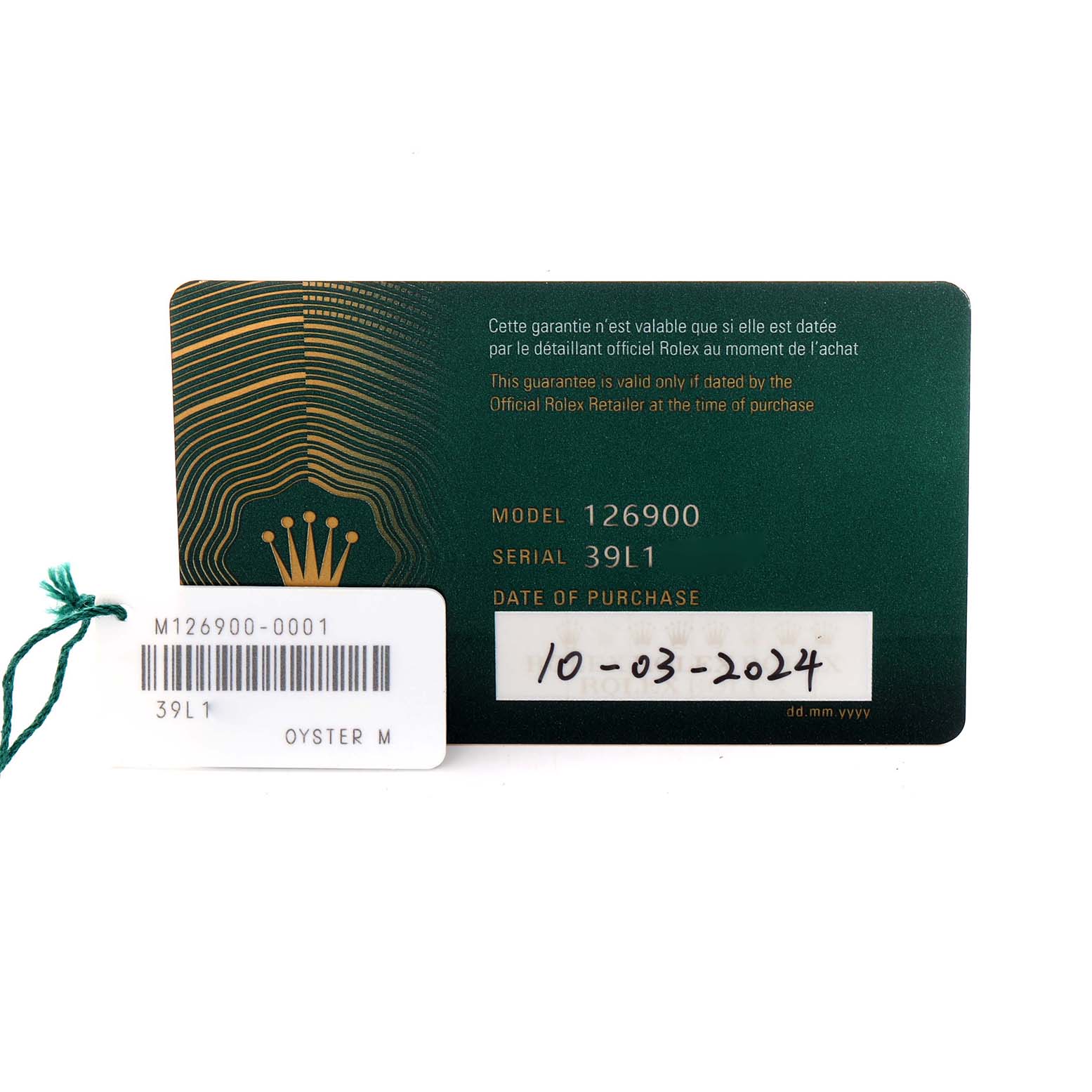 The image shows a warranty card and tag for a Rolex Air-King 126900 Men's Stainless Steel Black Dial 126900 Men's Stainless Steel Black Dial model, highlighting model and serial numbers.