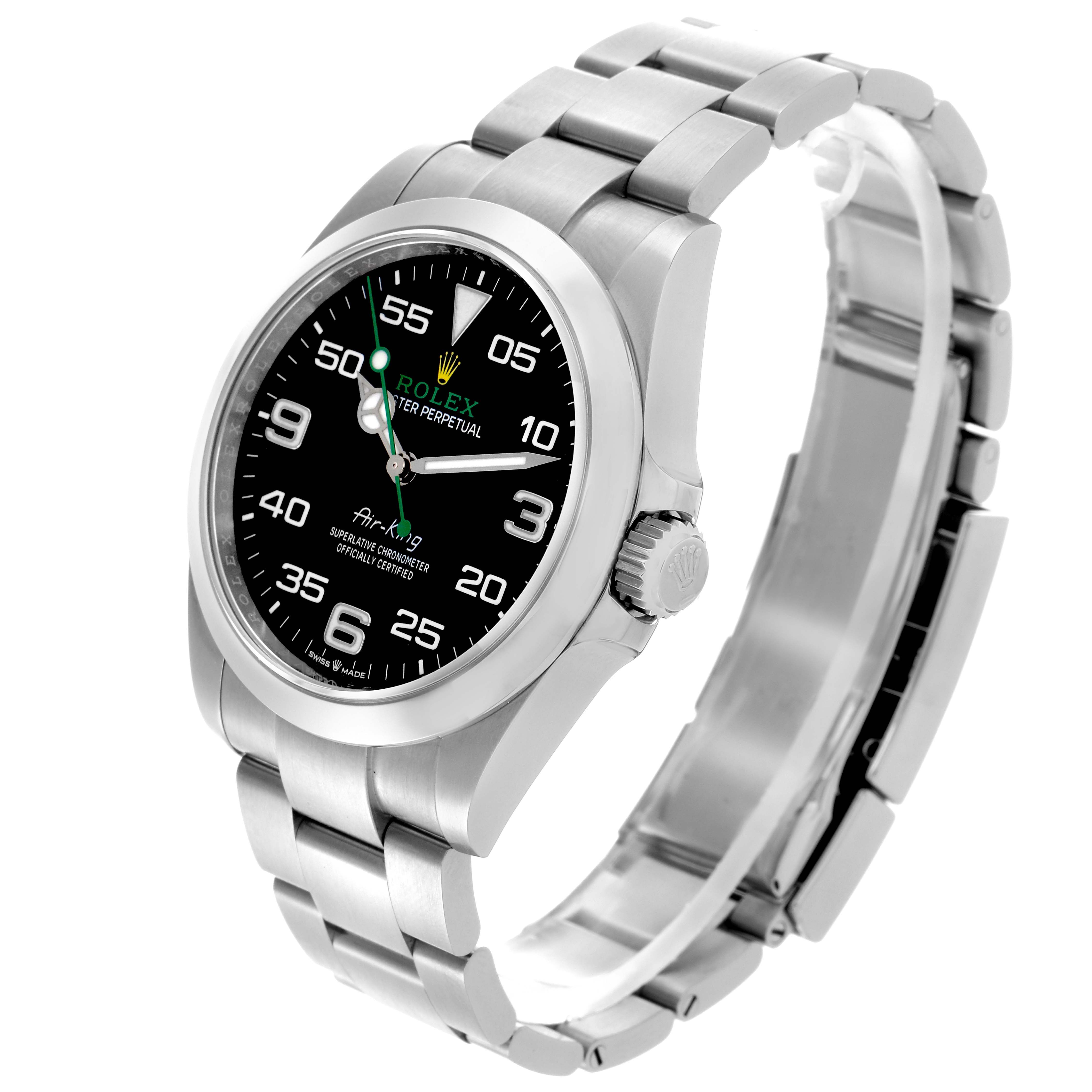 The Rolex Air-King 126900 Men's Stainless Steel Black Dial 126900 Men's Stainless Steel Black Dial watch is shown at a three-quarter angle, highlighting the face, bracelet, and crown.