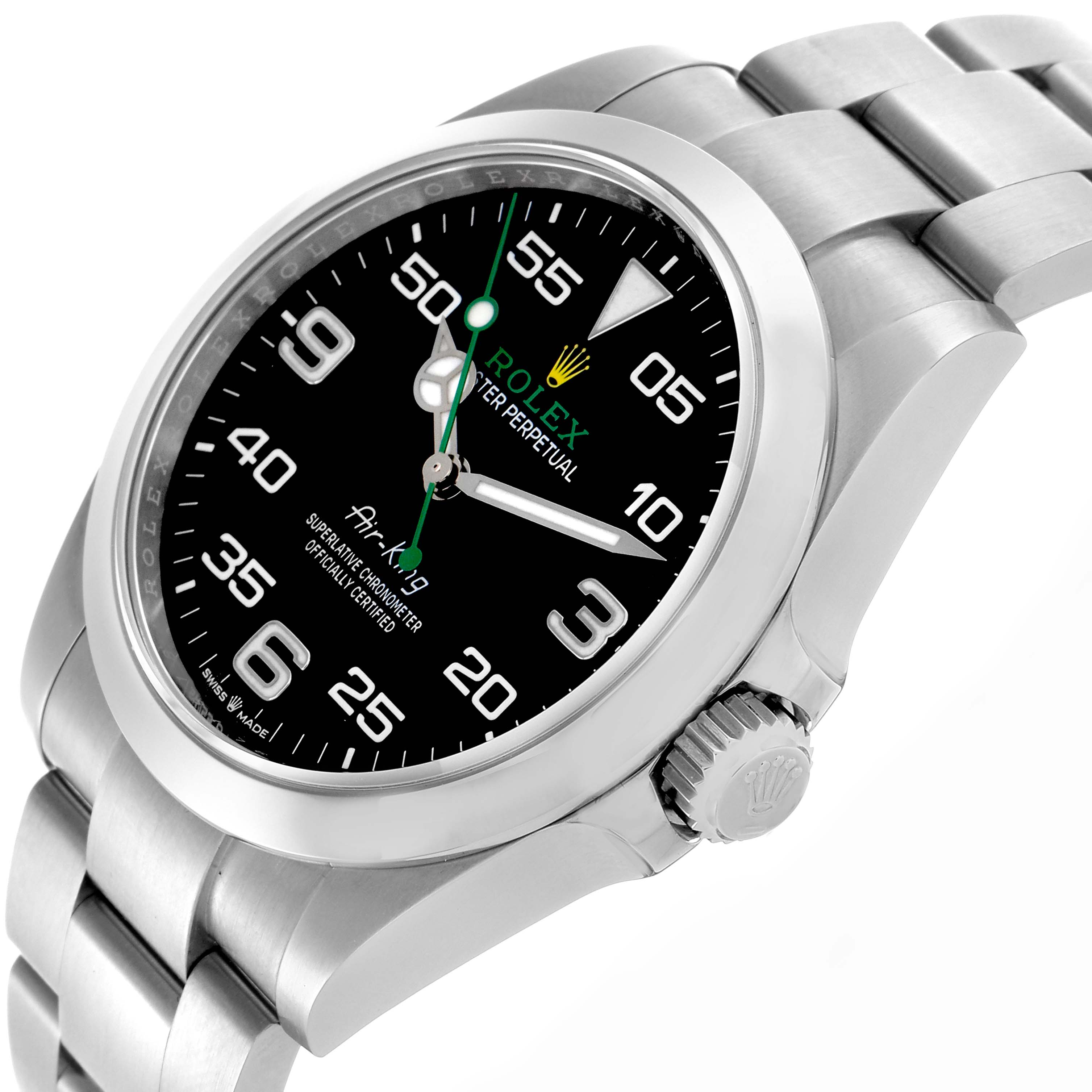 The Rolex Air-King 126900 Men's Stainless Steel Black Dial 126900 Men's Stainless Steel Black Dial watch is shown at an angled perspective highlighting the dial, crown, and bracelet.