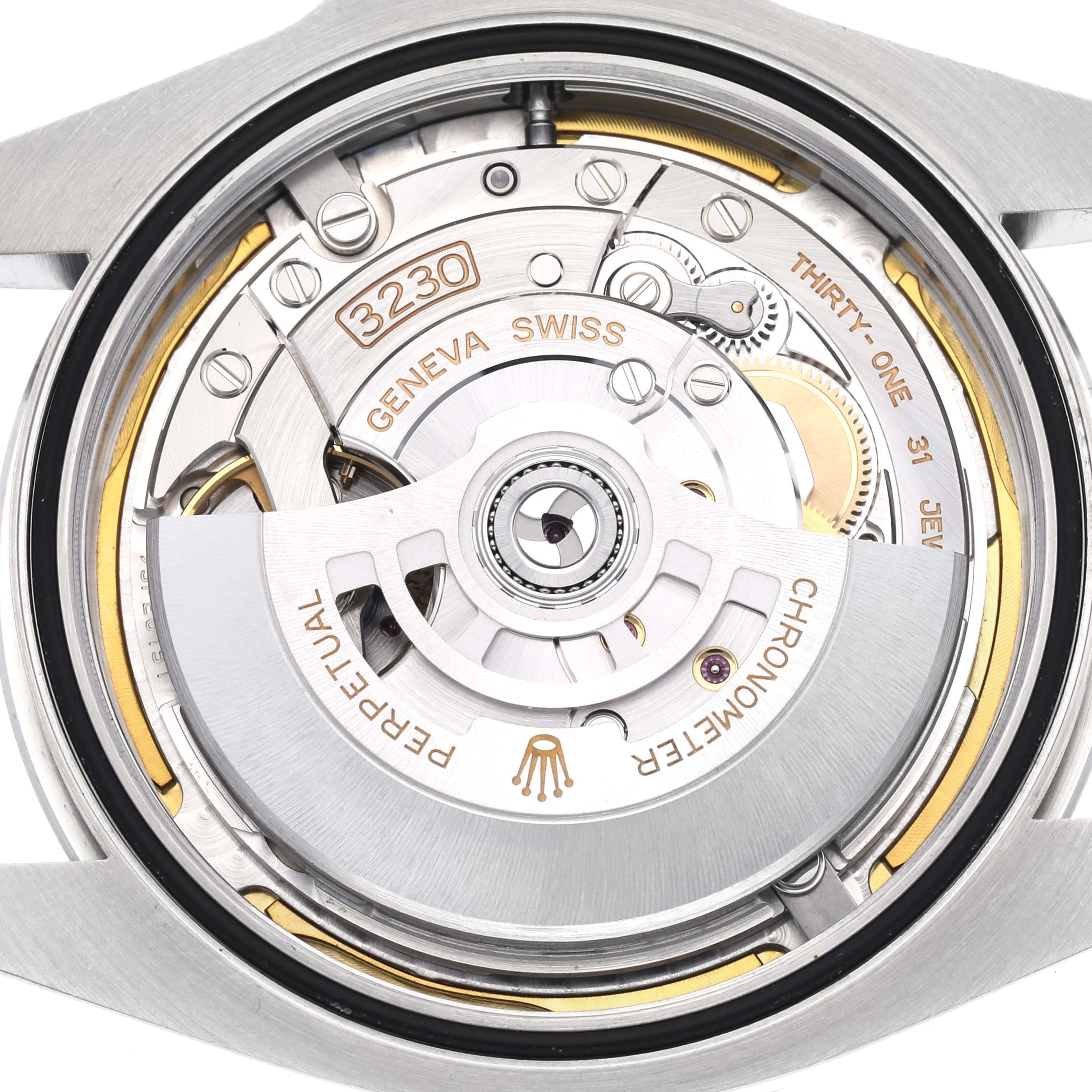 The image shows the movement and internal mechanism of a Rolex Air-King 126900 Men's Stainless Steel Black Dial 126900 Men's Stainless Steel Black Dial watch from a rear angle.