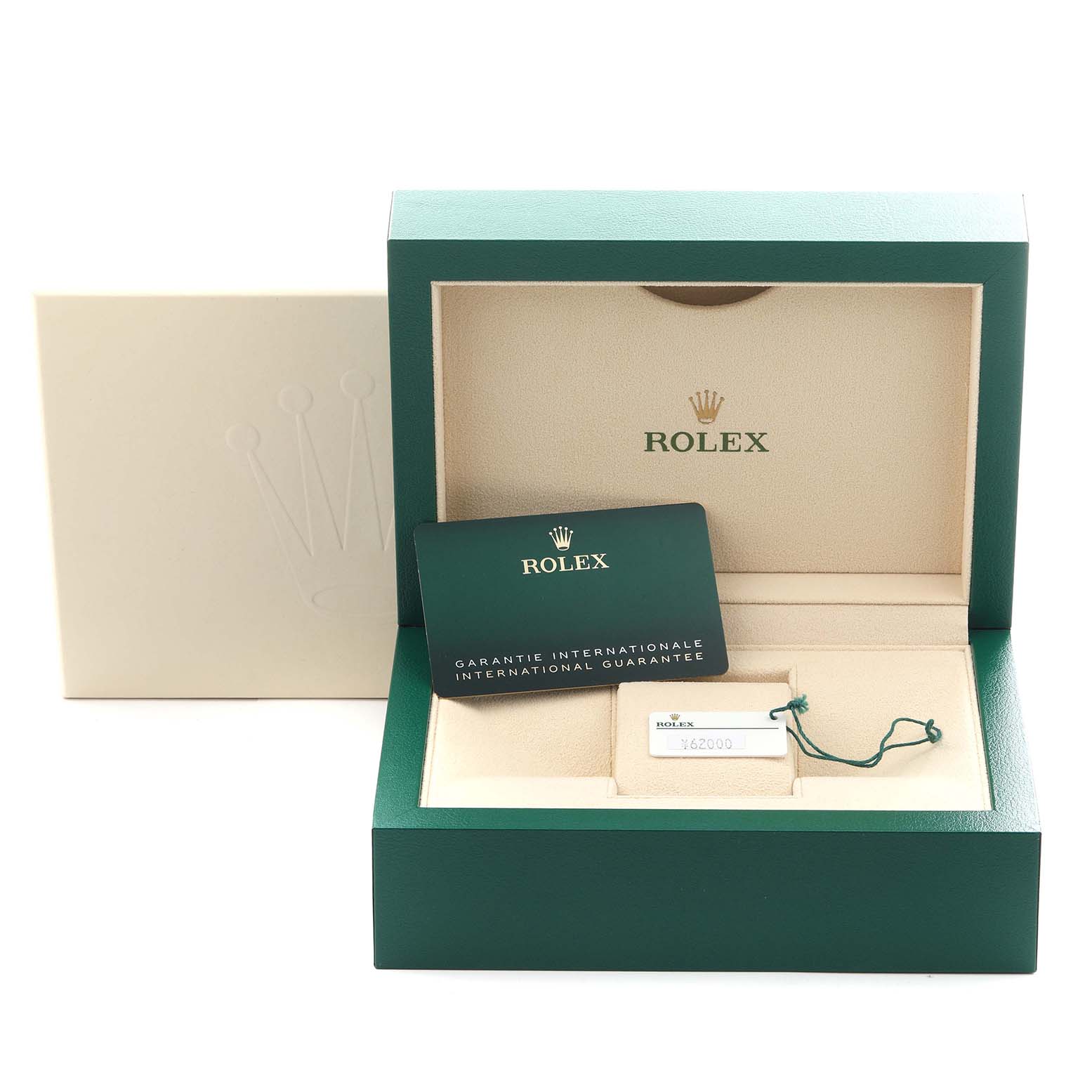 The image shows the packaging and accessories of a Rolex Air-King 126900 Men's Stainless Steel Black Dial 126900 Men's Stainless Steel Black Dial, including a box, warranty card, and tag.