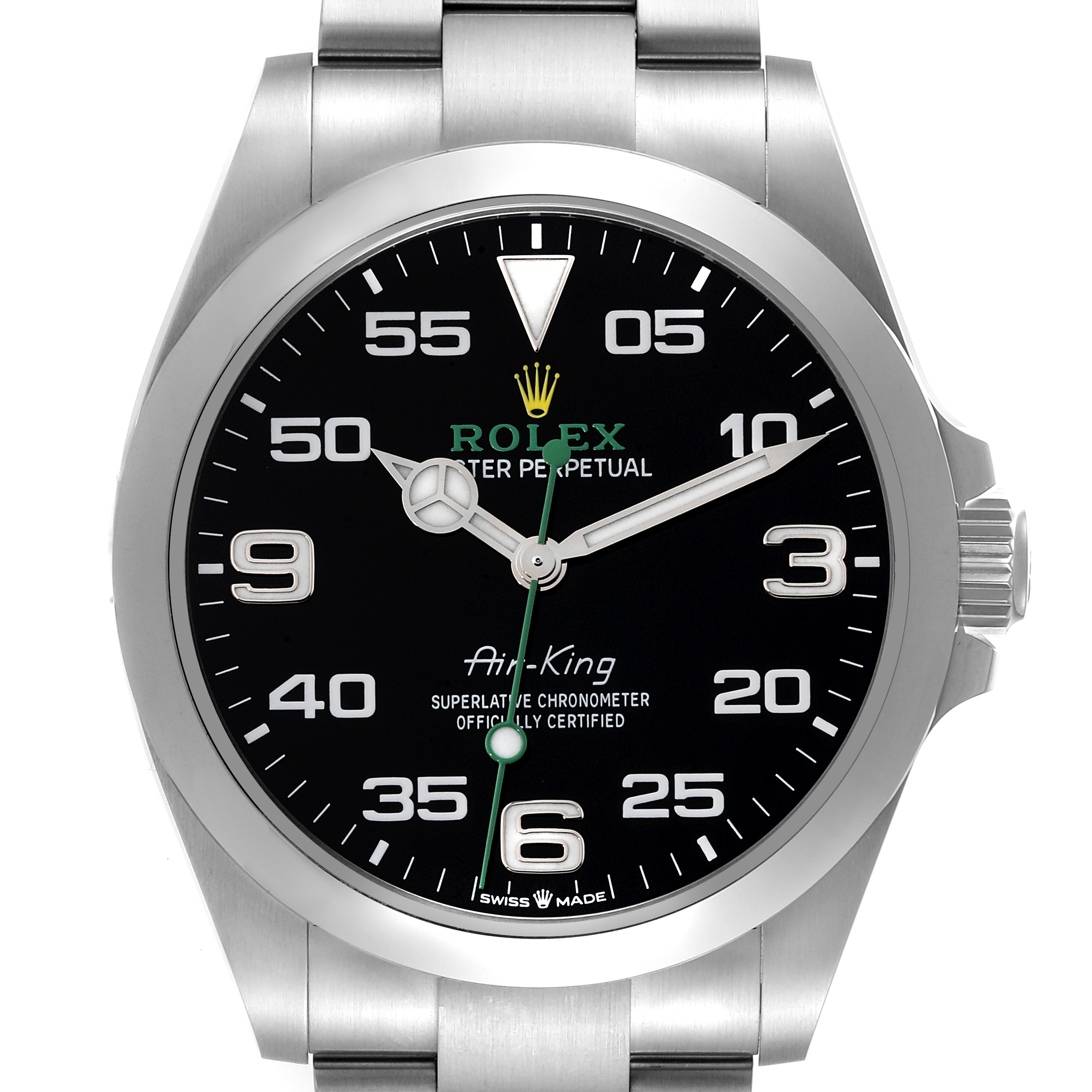 The Rolex Air-King 126900 Men's Stainless Steel Black Dial 126900 Men's Stainless Steel Black Dial watch is shown from the front, displaying its dial, bezel, and part of the bracelet.