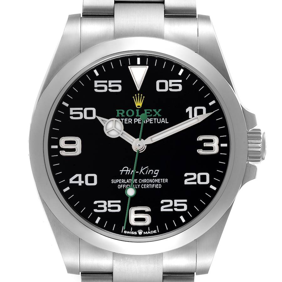 The Rolex Air-King watch is shown from the front, displaying its dial, bezel, and part of the bracelet.