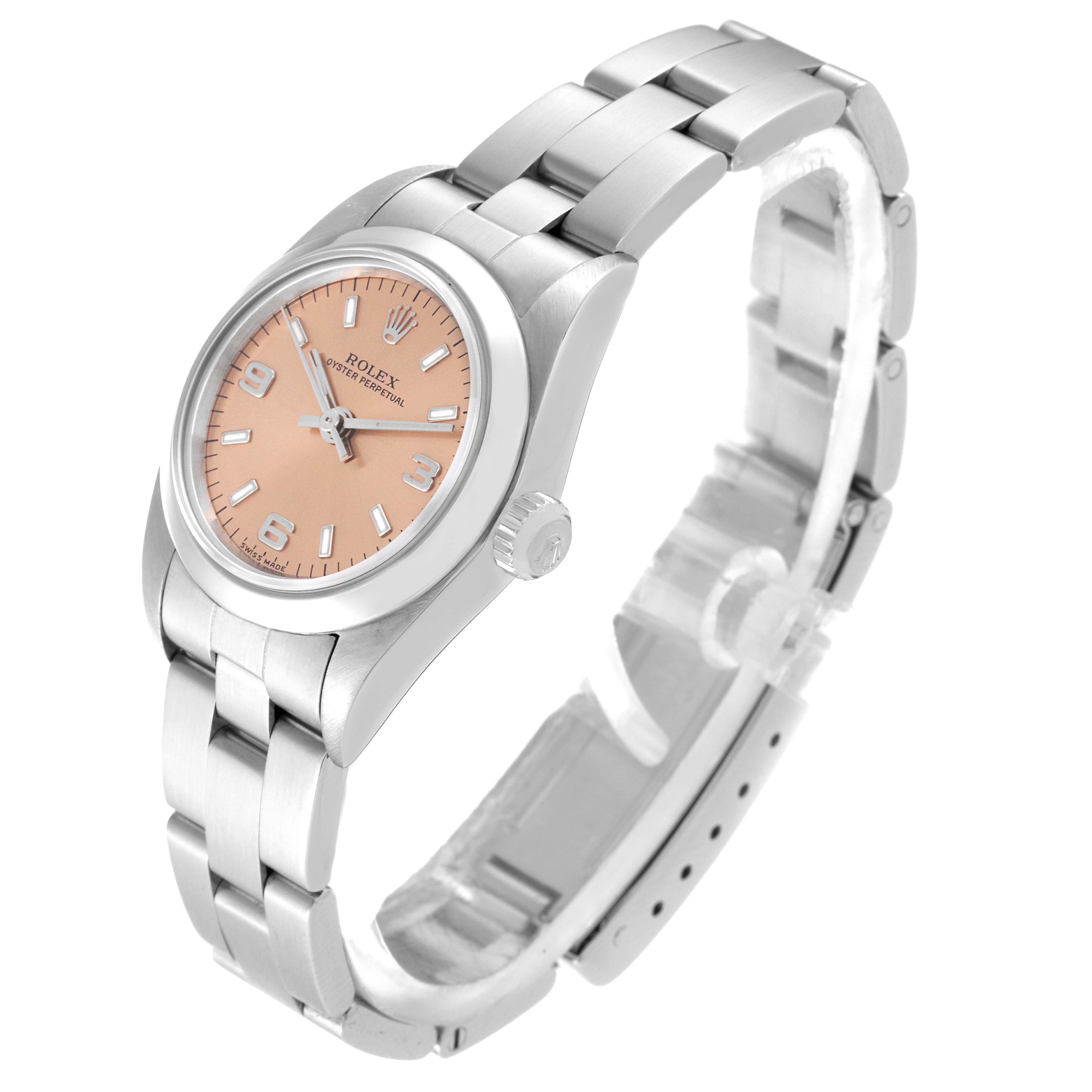 The Rolex Oyster Perpetual 76080 Women's Stainless Steel Pink Dial 76080 Women's Stainless Steel Pink Dial watch is shown at a slight angle displaying the dial, bezel, case, crown, and part of the bracelet.