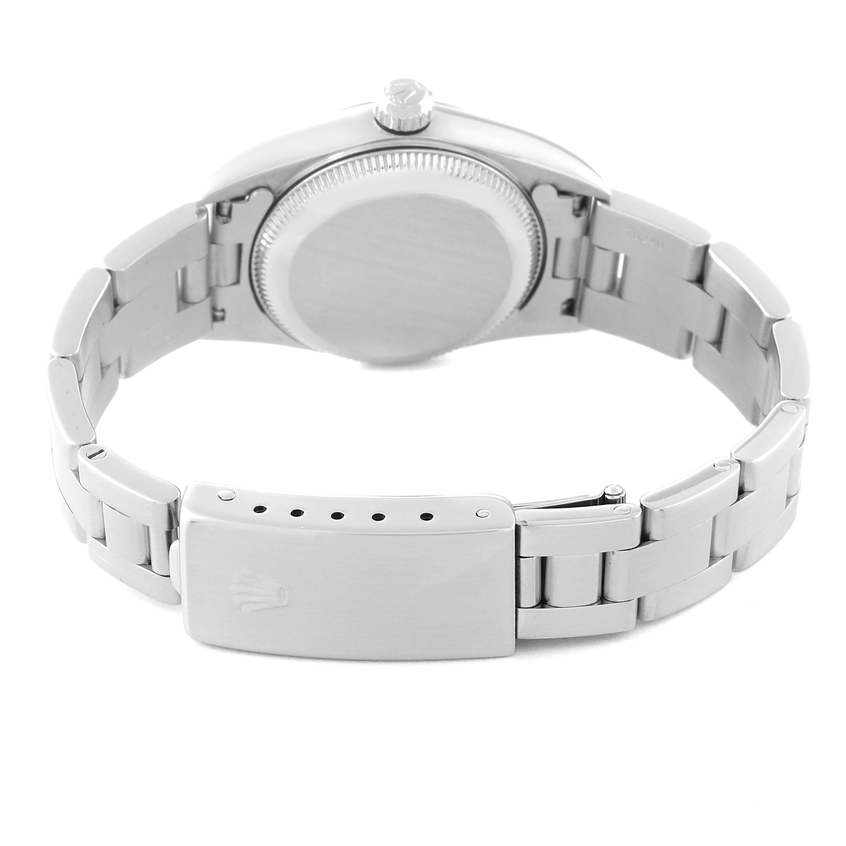 The image shows the back view of a Rolex Oyster Perpetual 76080 Women's Stainless Steel Pink Dial 76080 Women's Stainless Steel Pink Dial watch, displaying the case back and the clasp of the bracelet.