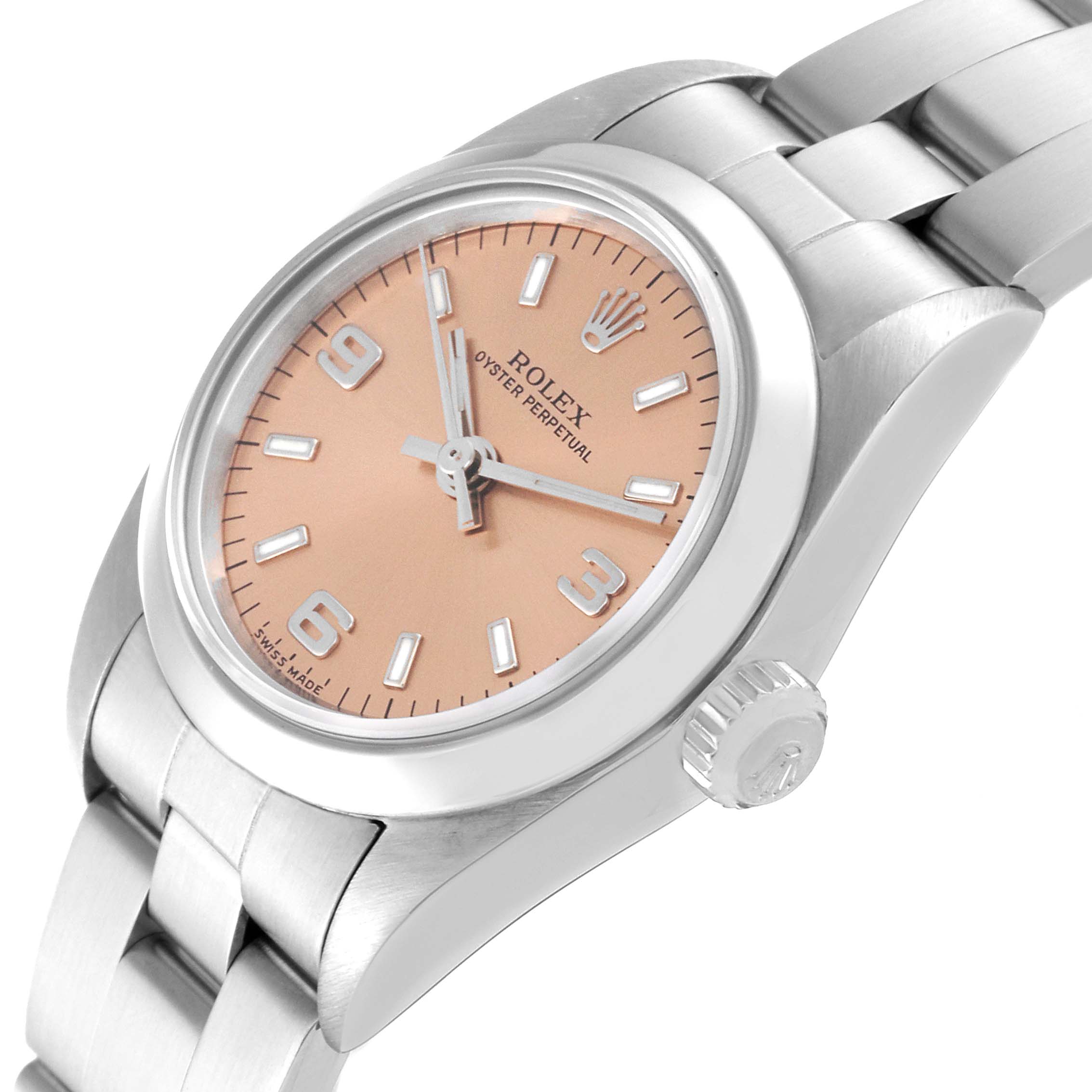The image shows a Rolex Oyster Perpetual 76080 Women's Stainless Steel Pink Dial 76080 Women's Stainless Steel Pink Dial watch viewed from an angled side perspective, displaying the bracelet, case, and dial.