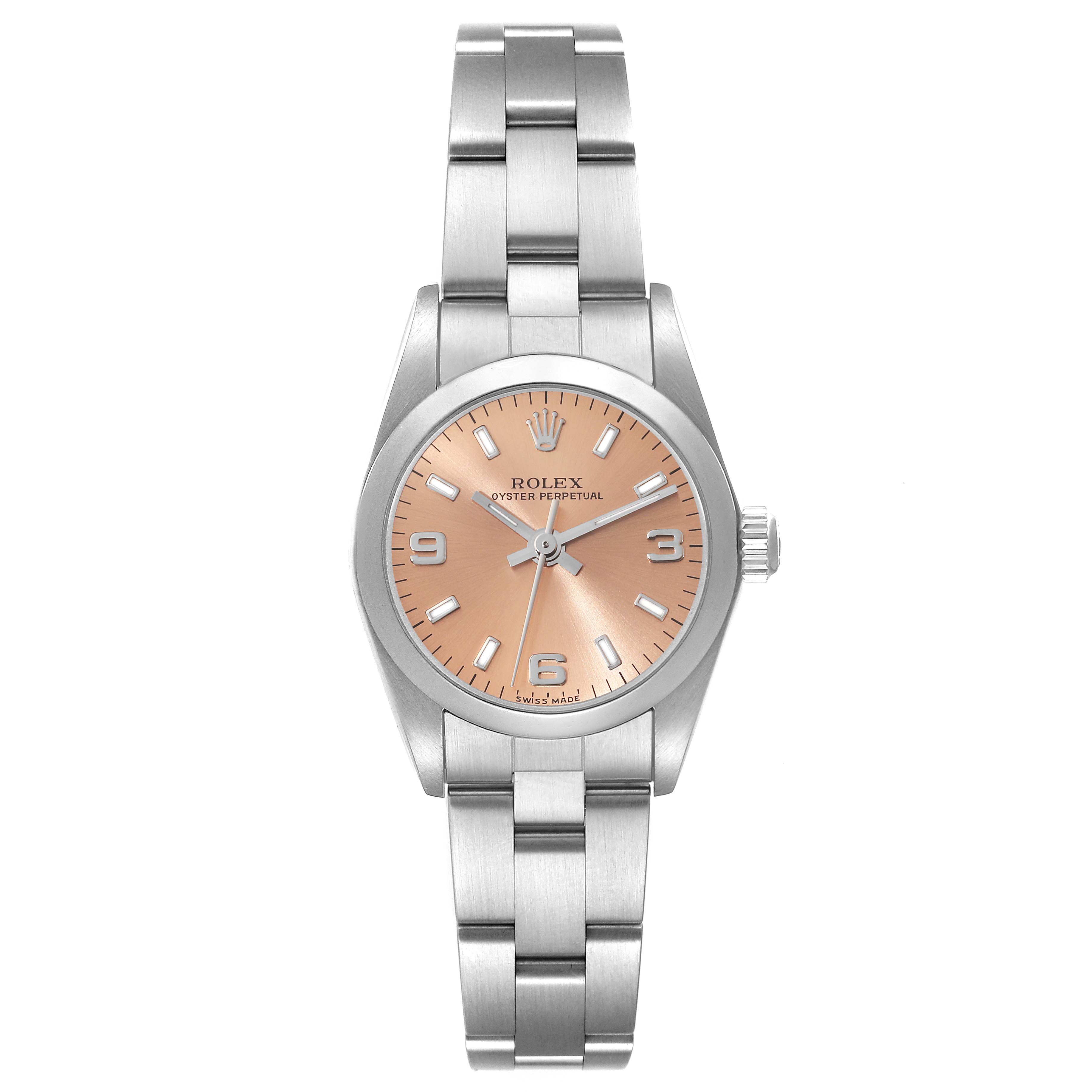 The Rolex Oyster Perpetual 76080 Women's Stainless Steel Pink Dial 76080 Women's Stainless Steel Pink Dial watch is shown from a front angle, displaying its dial, case, and bracelet.