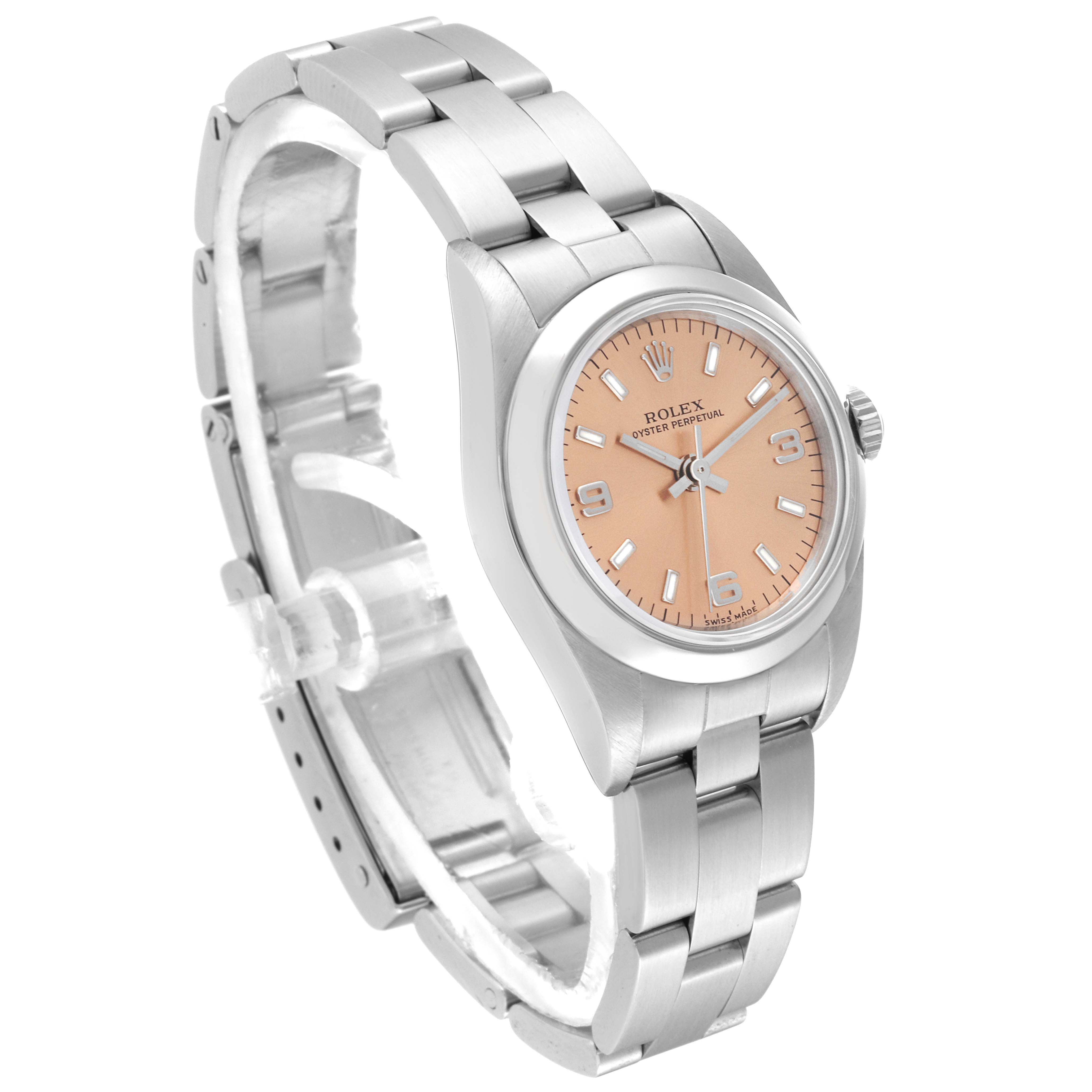The Rolex Oyster Perpetual 76080 Women's Stainless Steel Pink Dial 76080 Women's Stainless Steel Pink Dial watch is shown at a three-quarter angle, highlighting its bracelet, case, and dial.