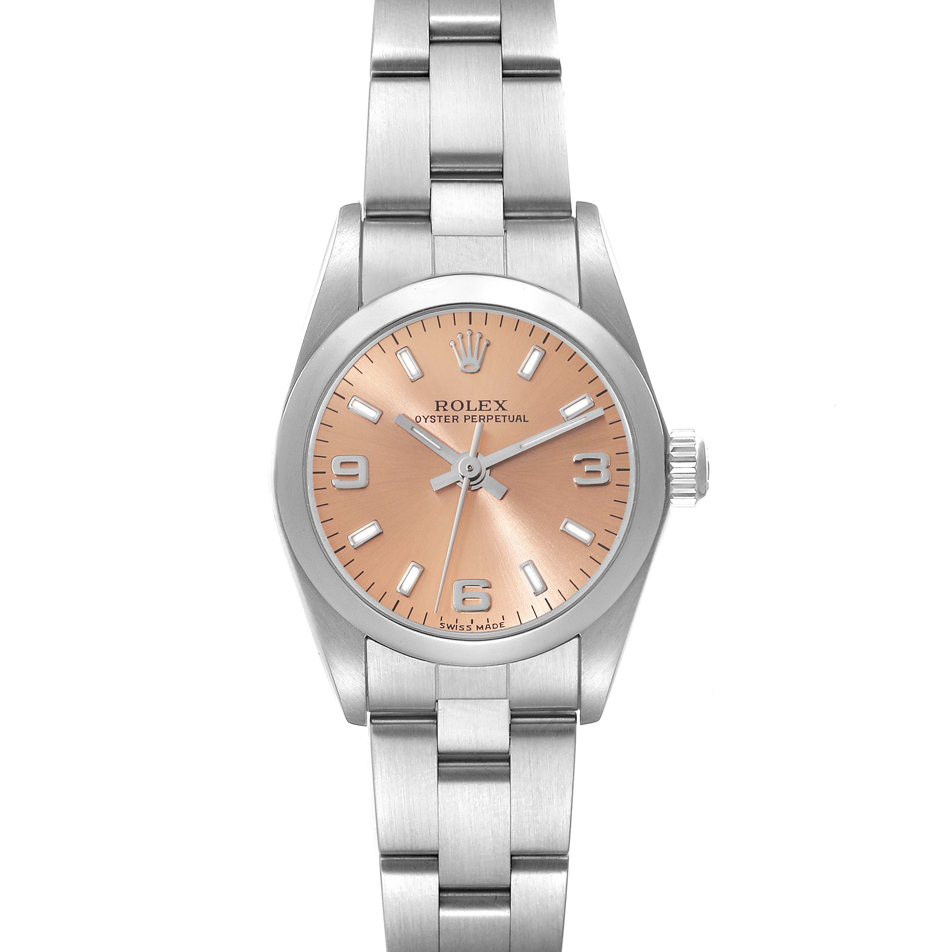 This image shows a frontal view of a Rolex Oyster Perpetual 76080 Women's Stainless Steel Pink Dial 76080 Women's Stainless Steel Pink Dial watch with a salmon-colored dial and stainless steel bracelet.