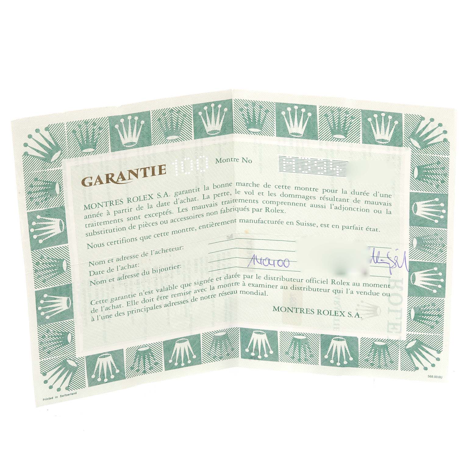 The image shows the warranty certificate for a Rolex Oyster Perpetual 76080 Women's Stainless Steel Pink Dial 76080 Women's Stainless Steel Pink Dial watch, displaying detailed information about the purchase and authenticity.