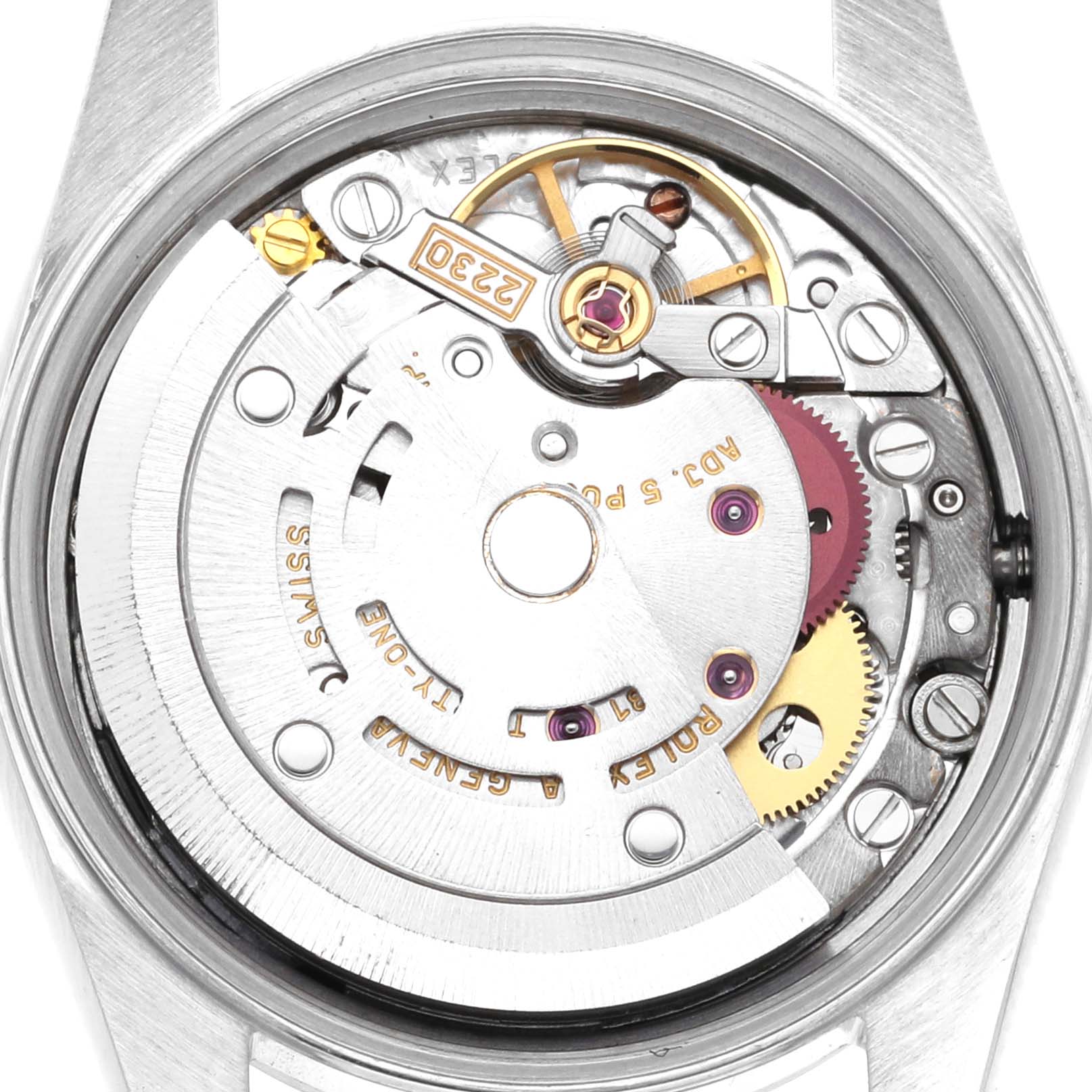 This image shows the internal mechanism and movement of a Rolex Oyster Perpetual 76080 Women's Stainless Steel Pink Dial 76080 Women's Stainless Steel Pink Dial watch from a top-down angle.