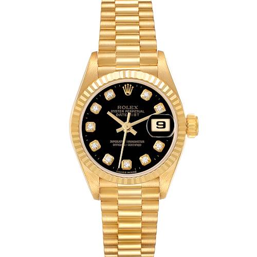 The Rolex President model is shown from the front, displaying its gold case, bracelet, and black dial with a date window.