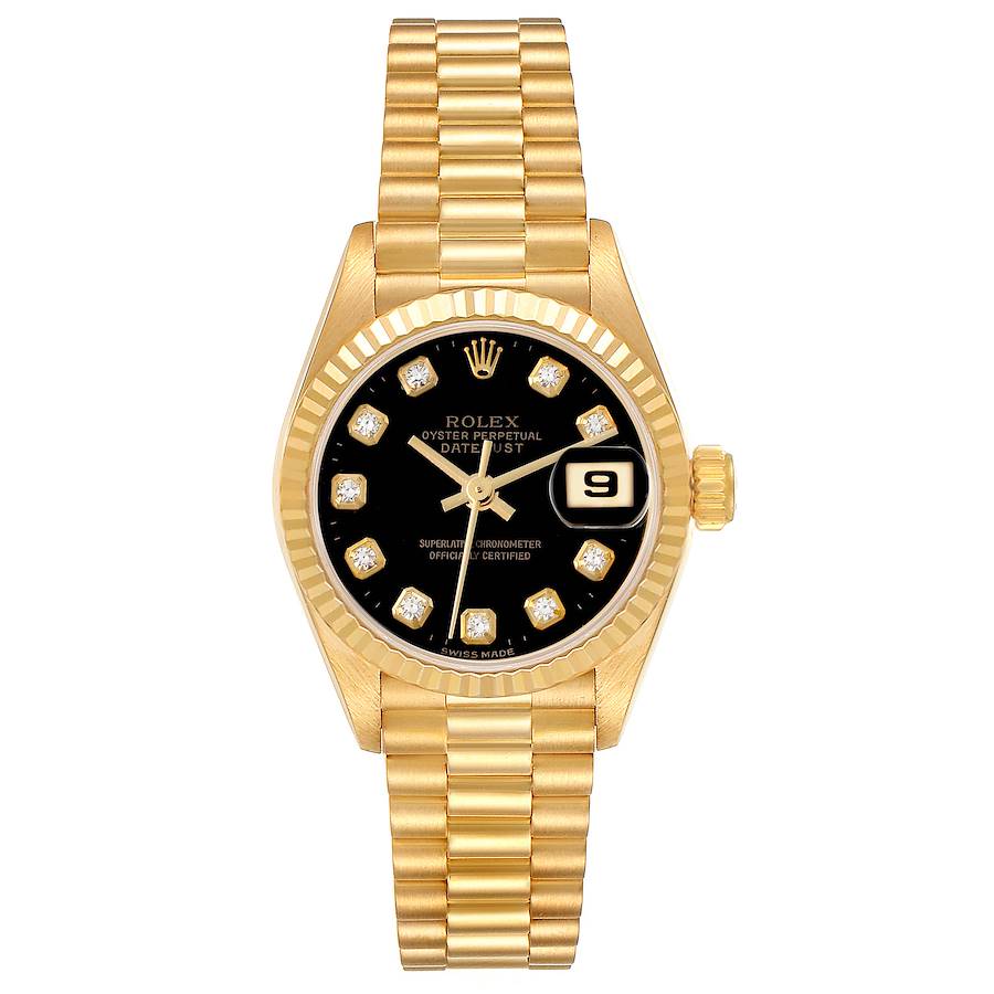 The Rolex President watch is shown from a top view, highlighting its gold bracelet, black dial, date window, and diamond markers.