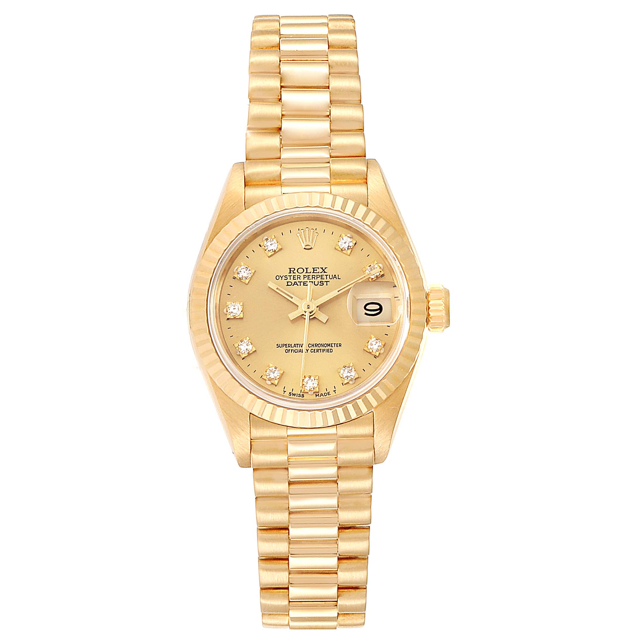 The image shows a frontal view of a gold Rolex President 69178 Women's Yellow Gold Champagne Dial 69178 Women's Yellow Gold Champagne Dial model watch, highlighting the bracelet, bezel, dial, and date window.