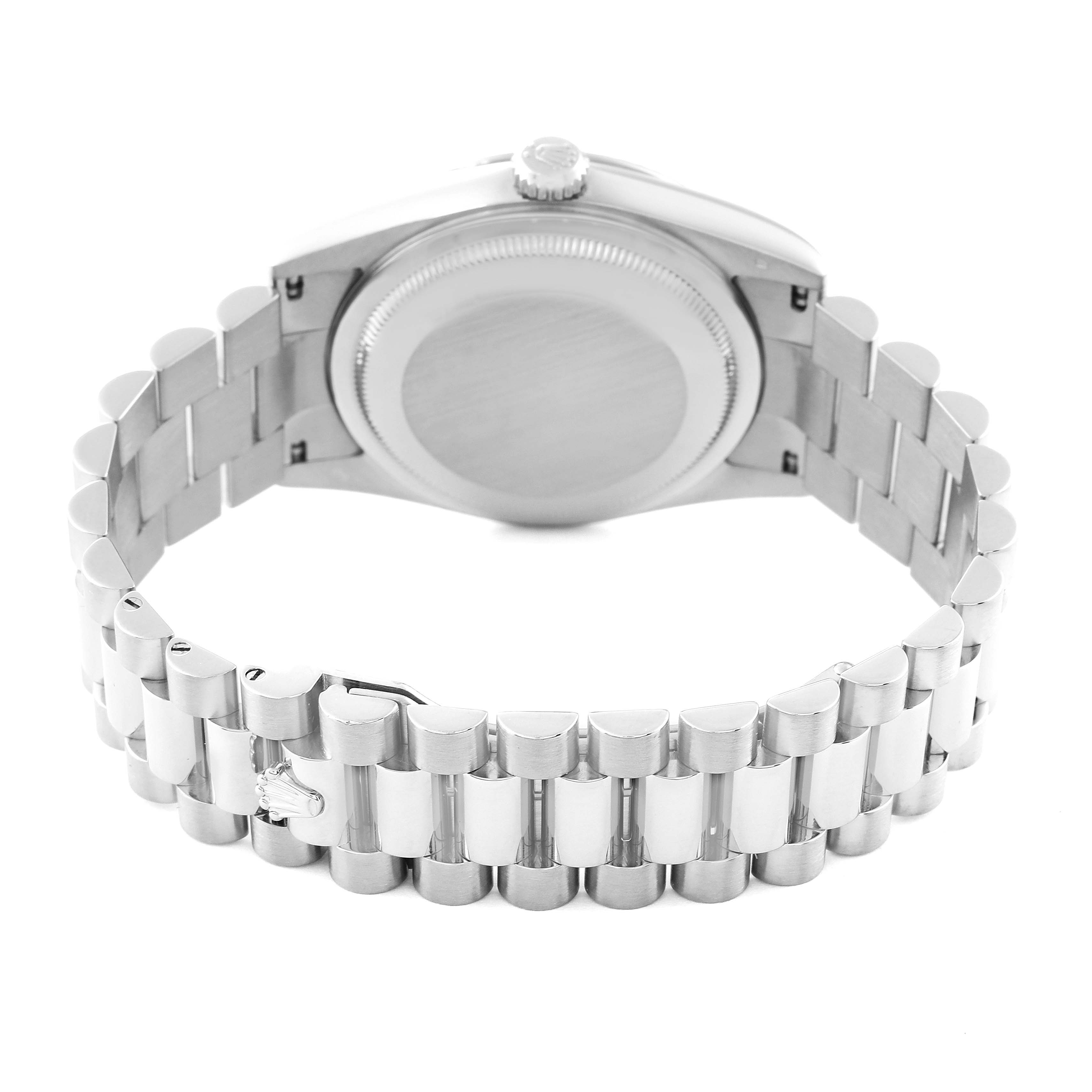 The image shows the back case and bracelet of a Rolex President 118239 Men's White Gold Silver Dial 118239 Men's White Gold Silver Dial model watch from a rear angle.