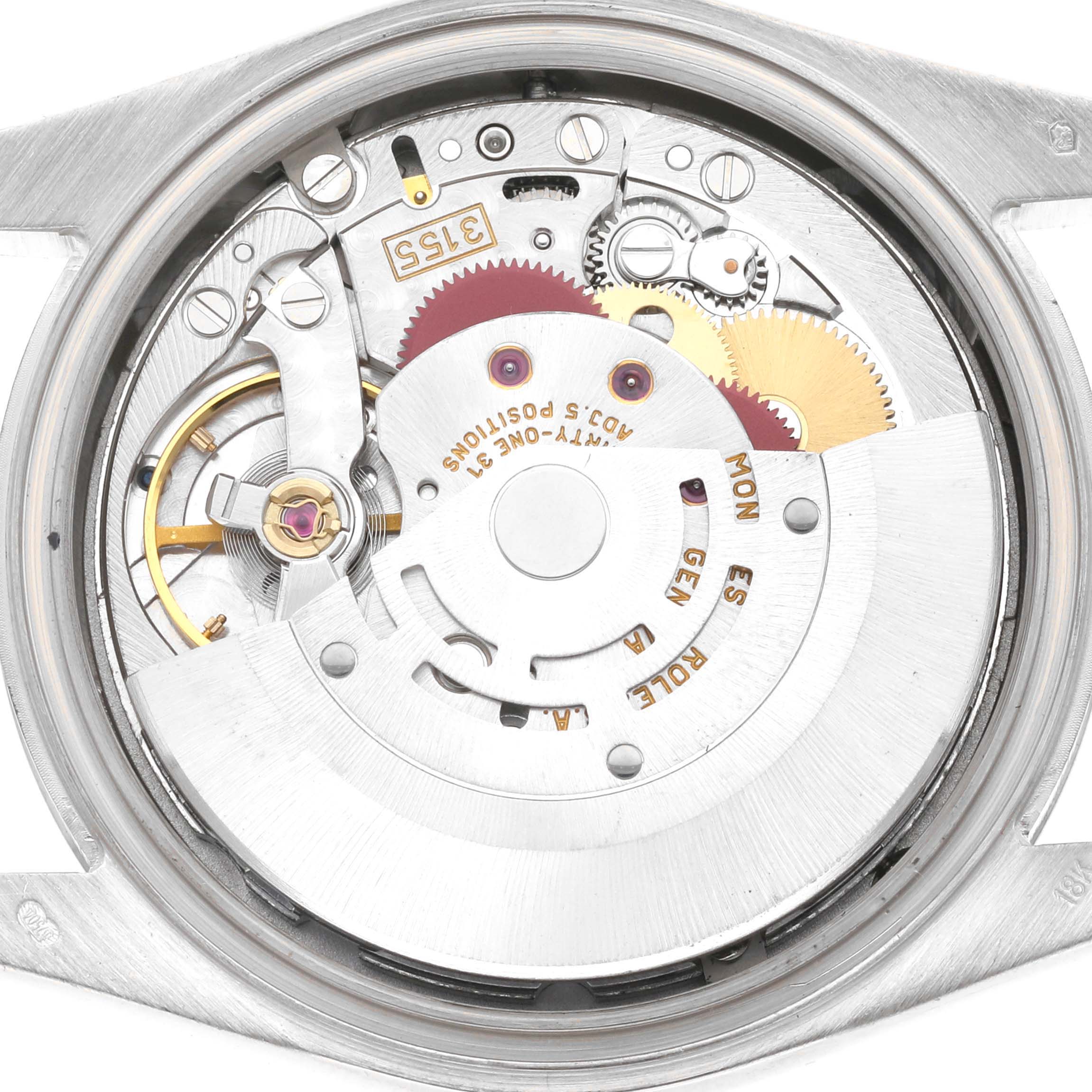 This image shows the internal mechanical movement of the Rolex President 118239 Men's White Gold Silver Dial 118239 Men's White Gold Silver Dial model watch, viewed from the back case with the cover removed.