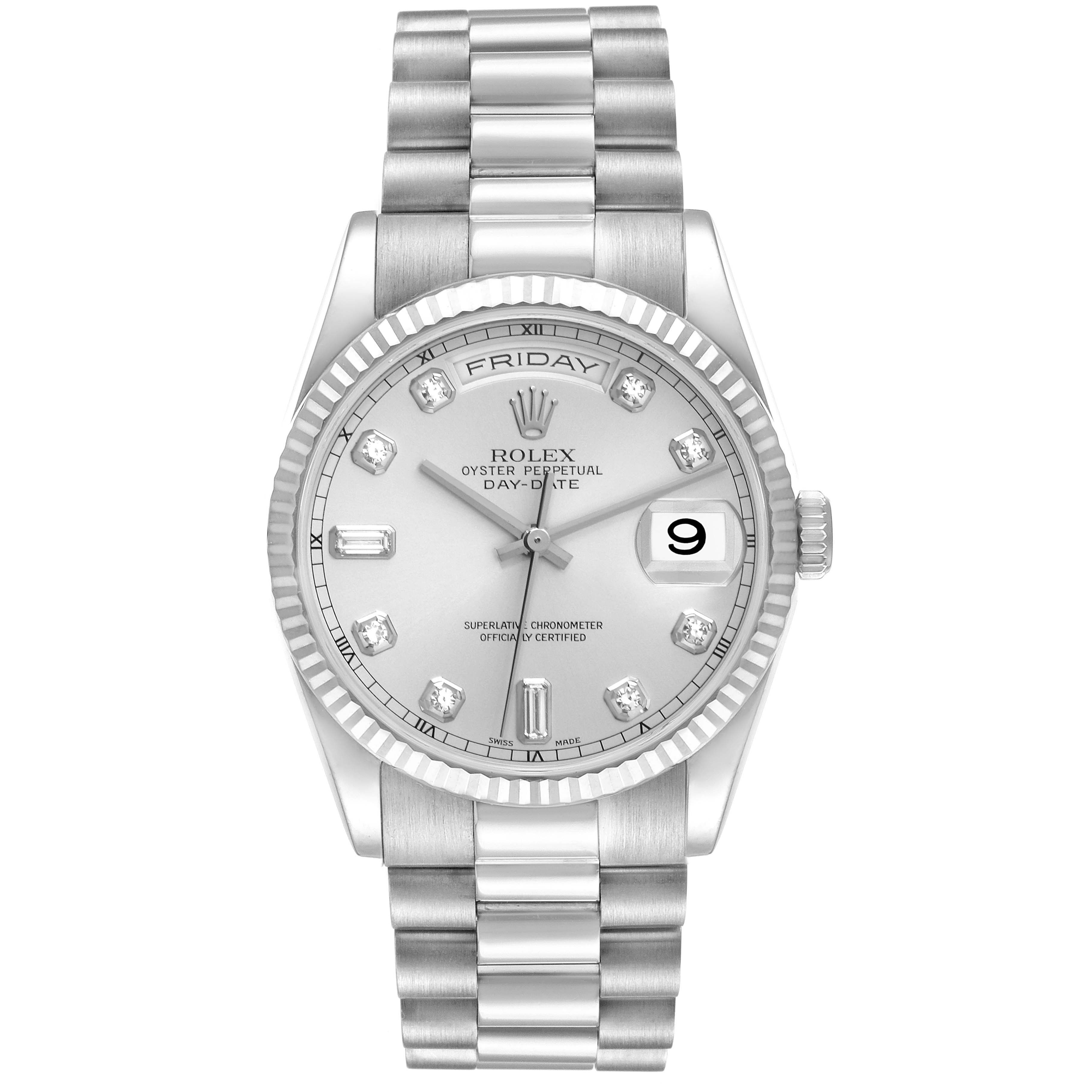 The image shows a front view of the Rolex President 118239 Men's White Gold Silver Dial 118239 Men's White Gold Silver Dial model watch, displaying the dial, bracelet, bezel, and crown.