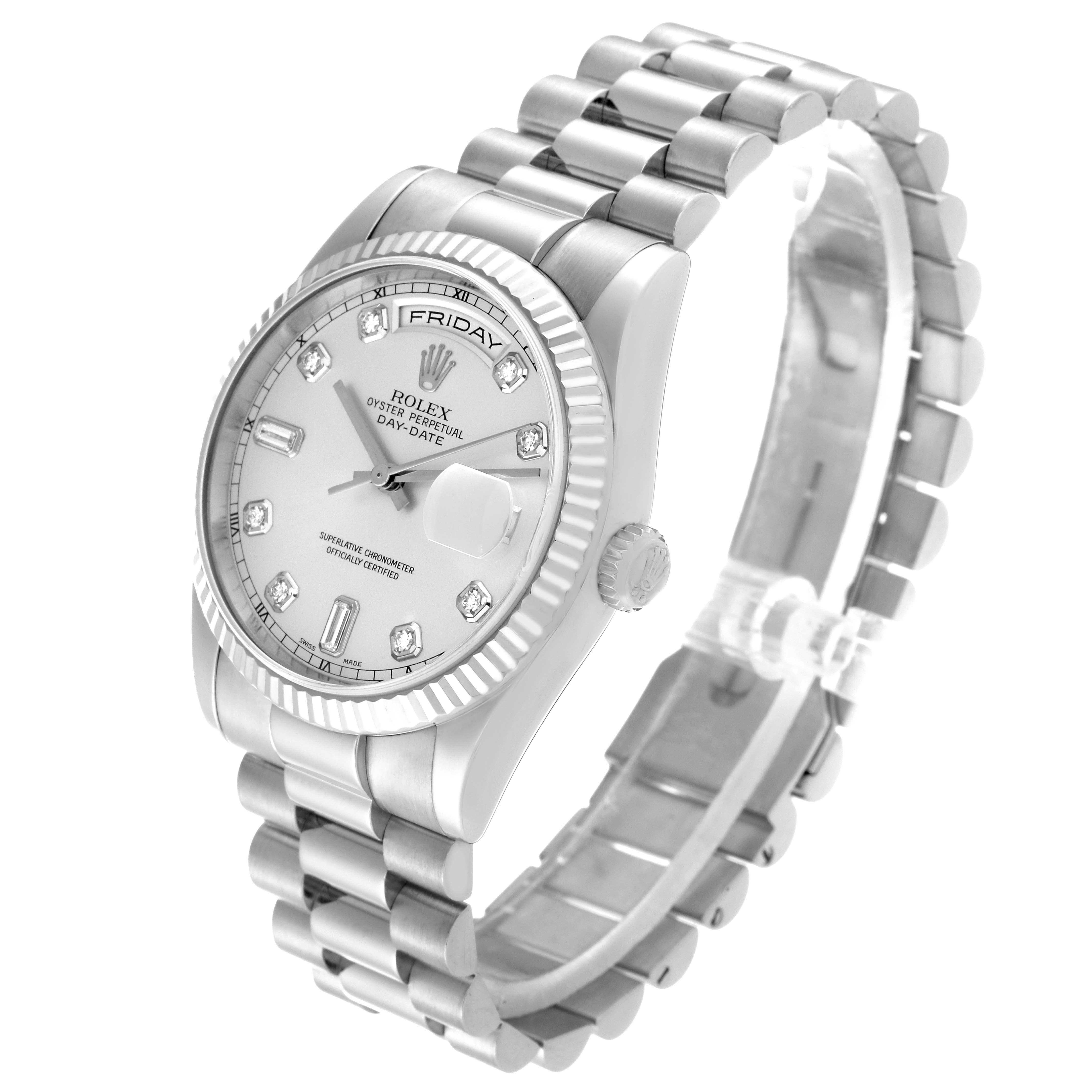The image shows a Rolex President 118239 Men's White Gold Silver Dial 118239 Men's White Gold Silver Dial model watch at a slight angle, displaying the dial, bezel, crown, and bracelet.