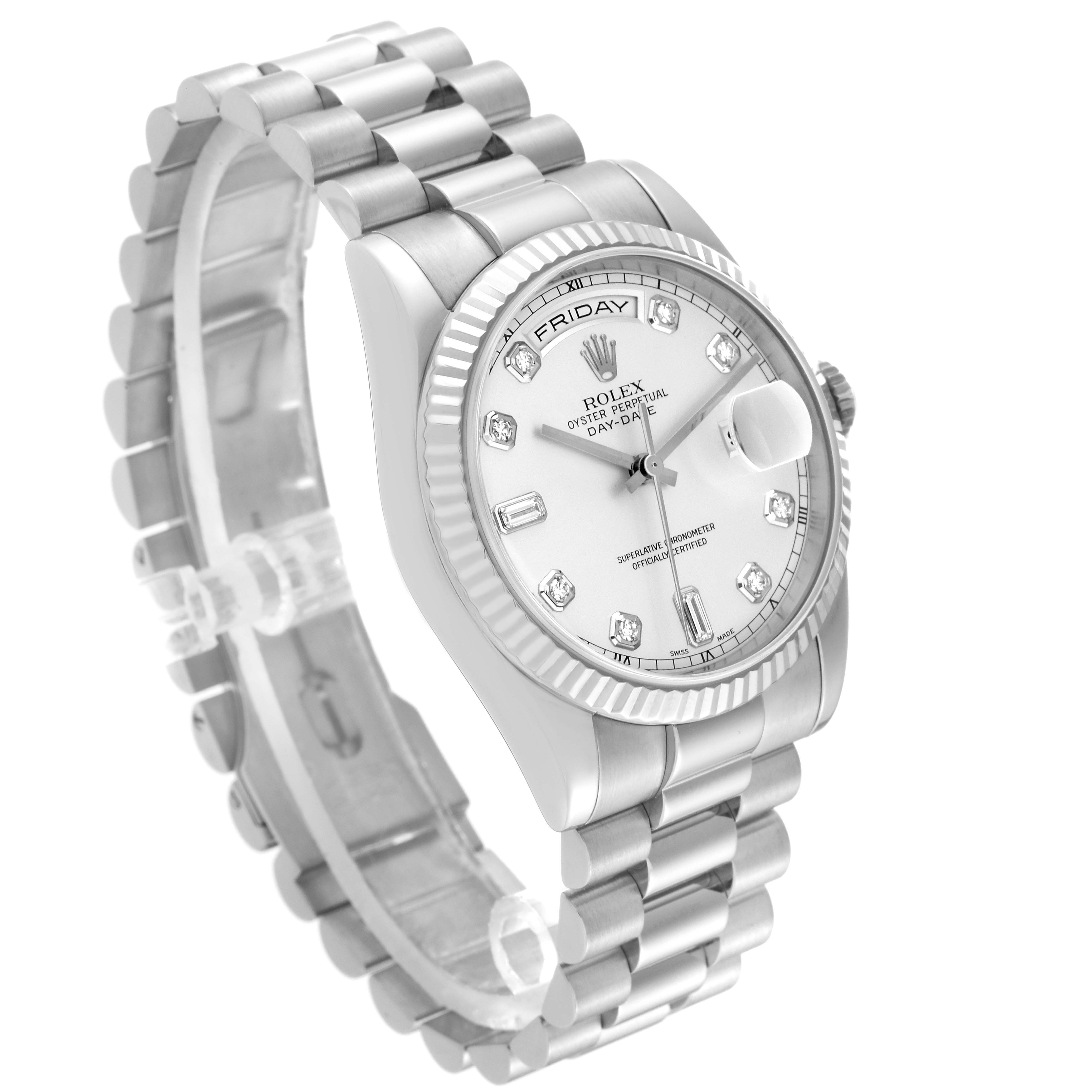 This image shows a Rolex President 118239 Men's White Gold Silver Dial 118239 Men's White Gold Silver Dial model watch at an angle, highlighting the face, bracelet, and bezel.