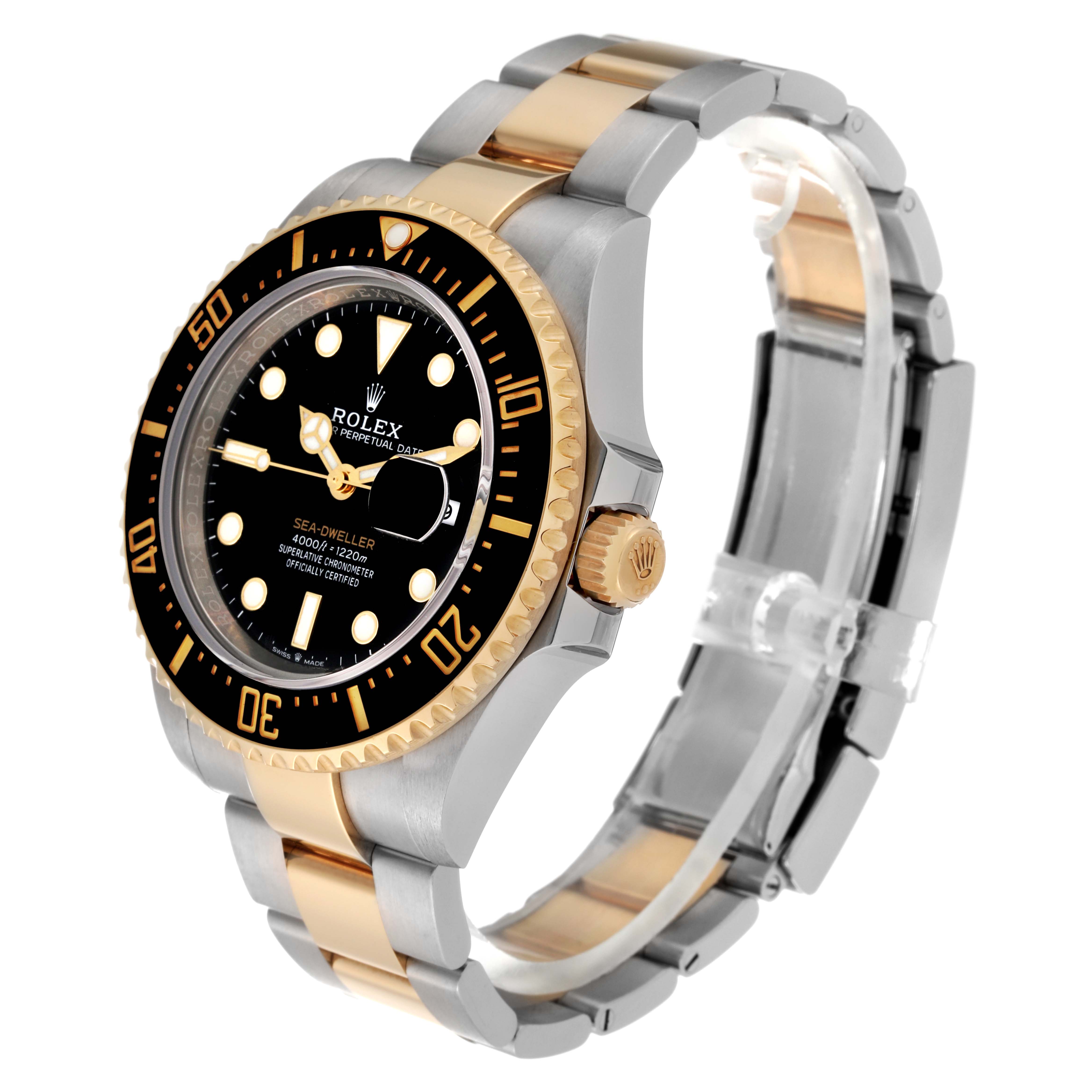 The image shows a front-right angle of a Rolex Sea-Dweller 126603 Men
s Steel and Gold (two tone) Black Dial 126603 Men
s Steel and Gold (two tone) Black Dial watch, highlighting the bezel, dial, bracelet, and crown.