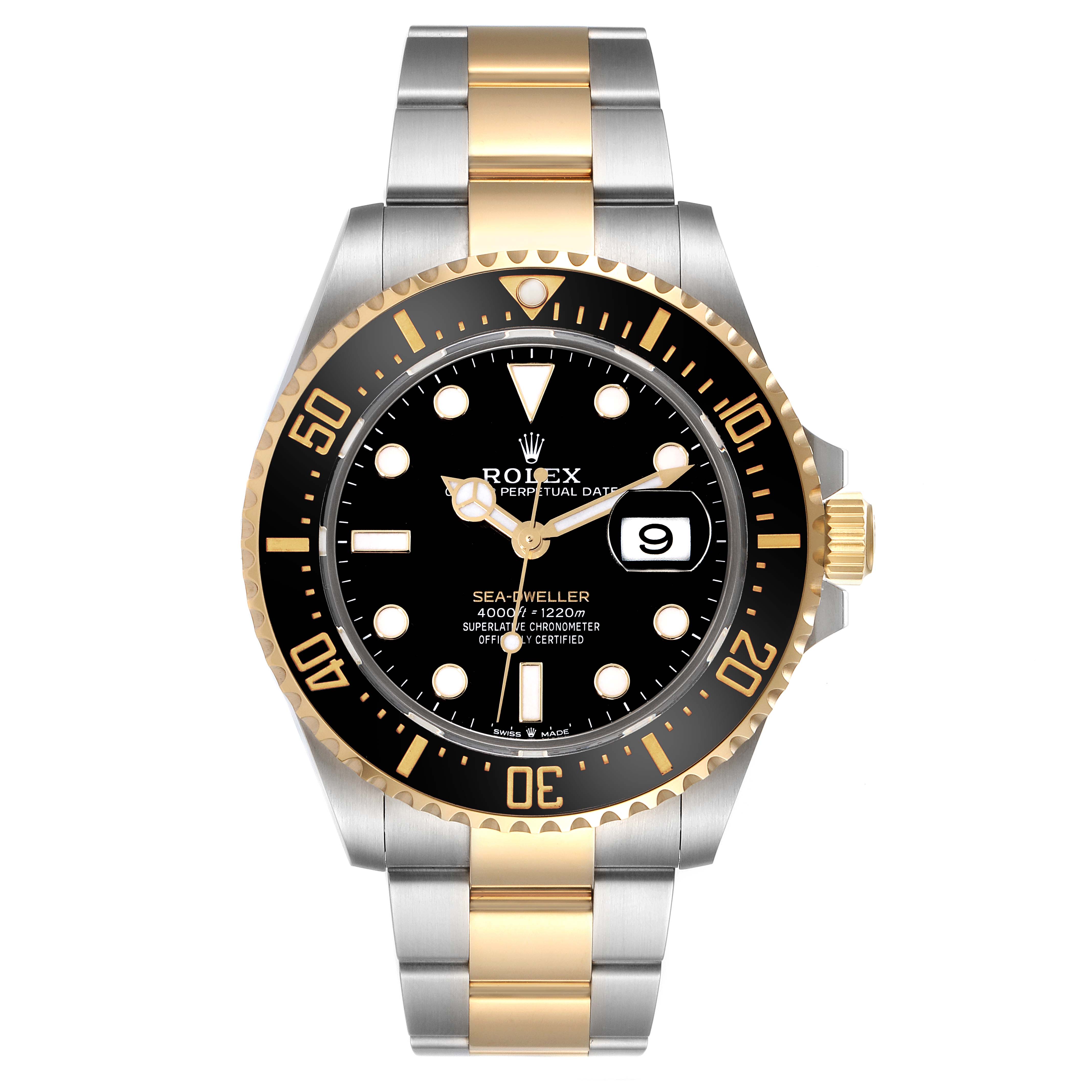 The image shows a frontal view of a Rolex Sea-Dweller 126603 Men
s Steel and Gold (two tone) Black Dial 126603 Men
s Steel and Gold (two tone) Black Dial watch, displaying its face, bezel, and two-tone bracelet.