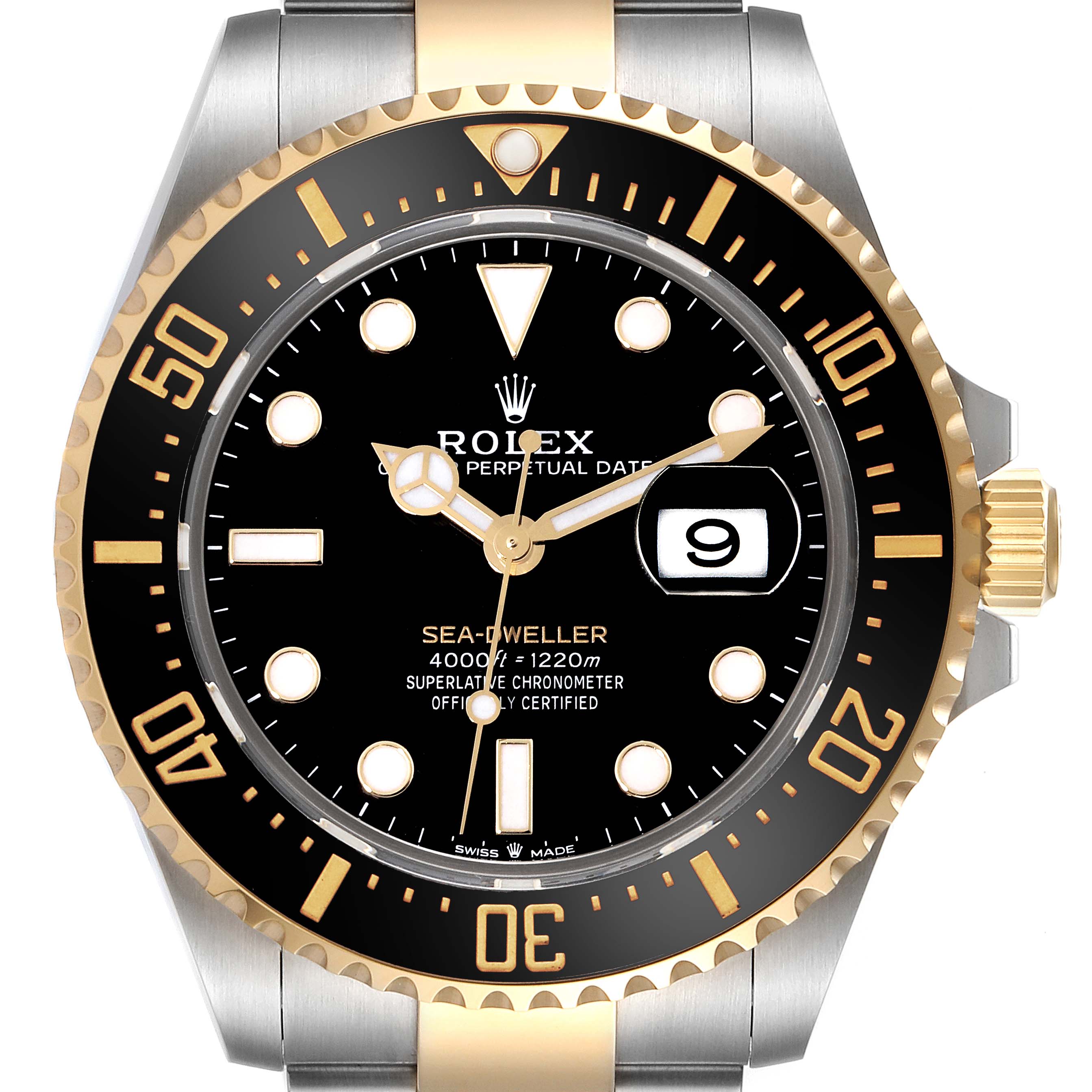 The image shows a front-angle view of the Rolex Sea-Dweller 126603 Men
s Steel and Gold (two tone) Black Dial 126603 Men
s Steel and Gold (two tone) Black Dial watch, highlighting its bezel, dial, hands, and date function.