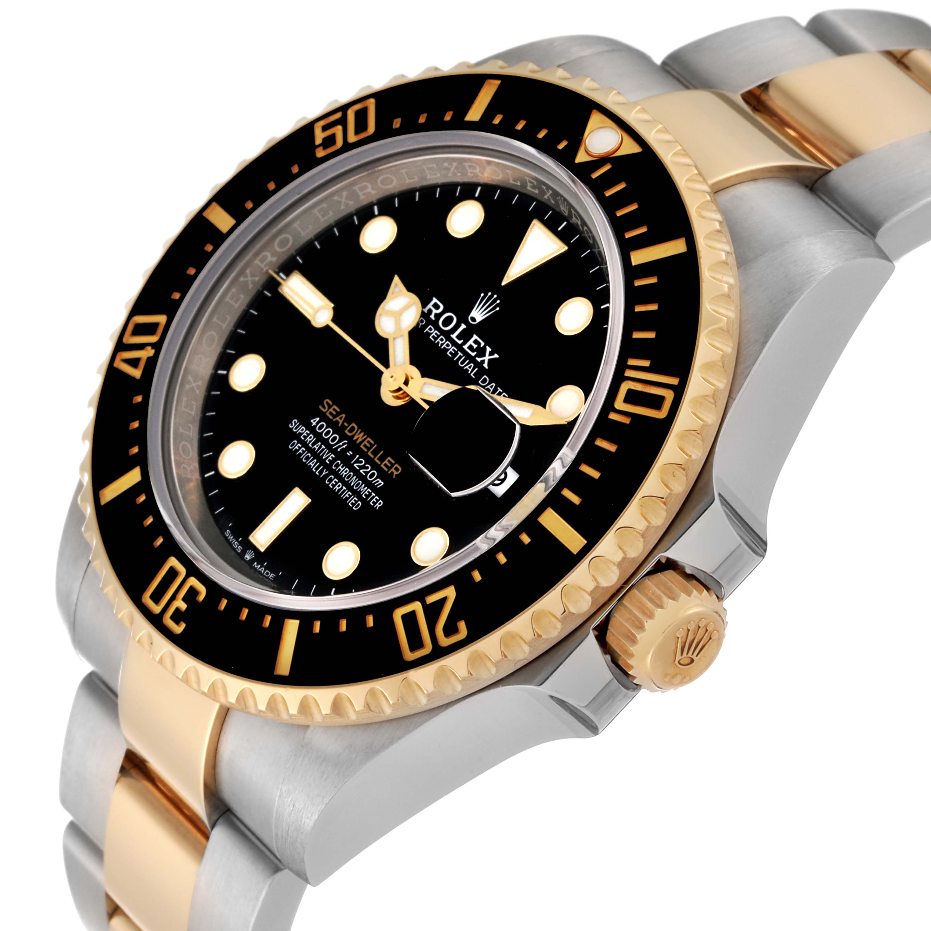 The image shows a close-up of the Rolex Sea-Dweller 126603 Men
s Steel and Gold (two tone) Black Dial 126603 Men
s Steel and Gold (two tone) Black Dial watch at an angled side view, highlighting its two-tone bracelet, black bezel, and face.