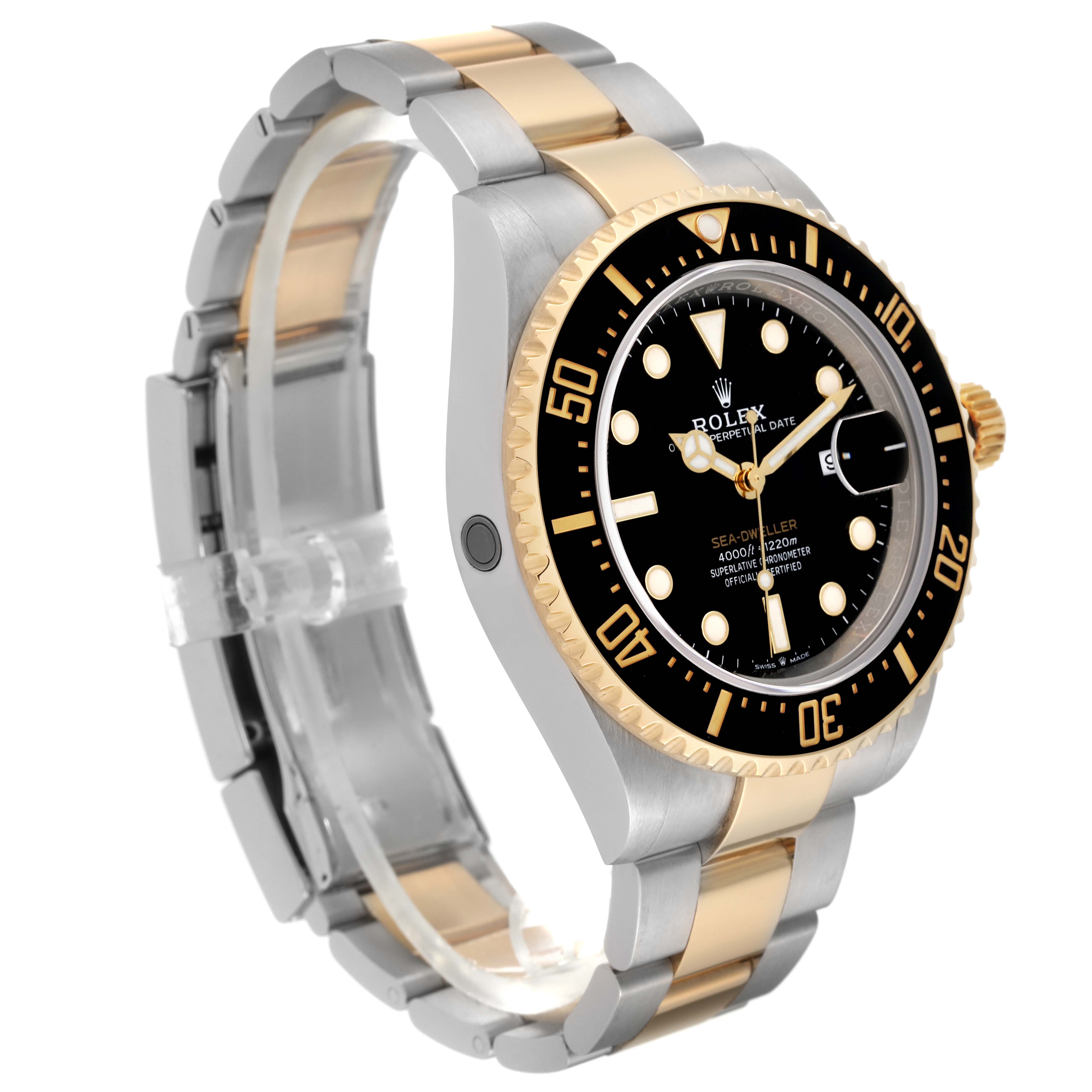 The image shows a three-quarter angle view of a Rolex Sea-Dweller 126603 Men
s Steel and Gold (two tone) Black Dial 126603 Men
s Steel and Gold (two tone) Black Dial, highlighting the face, crown, and bracelet.
