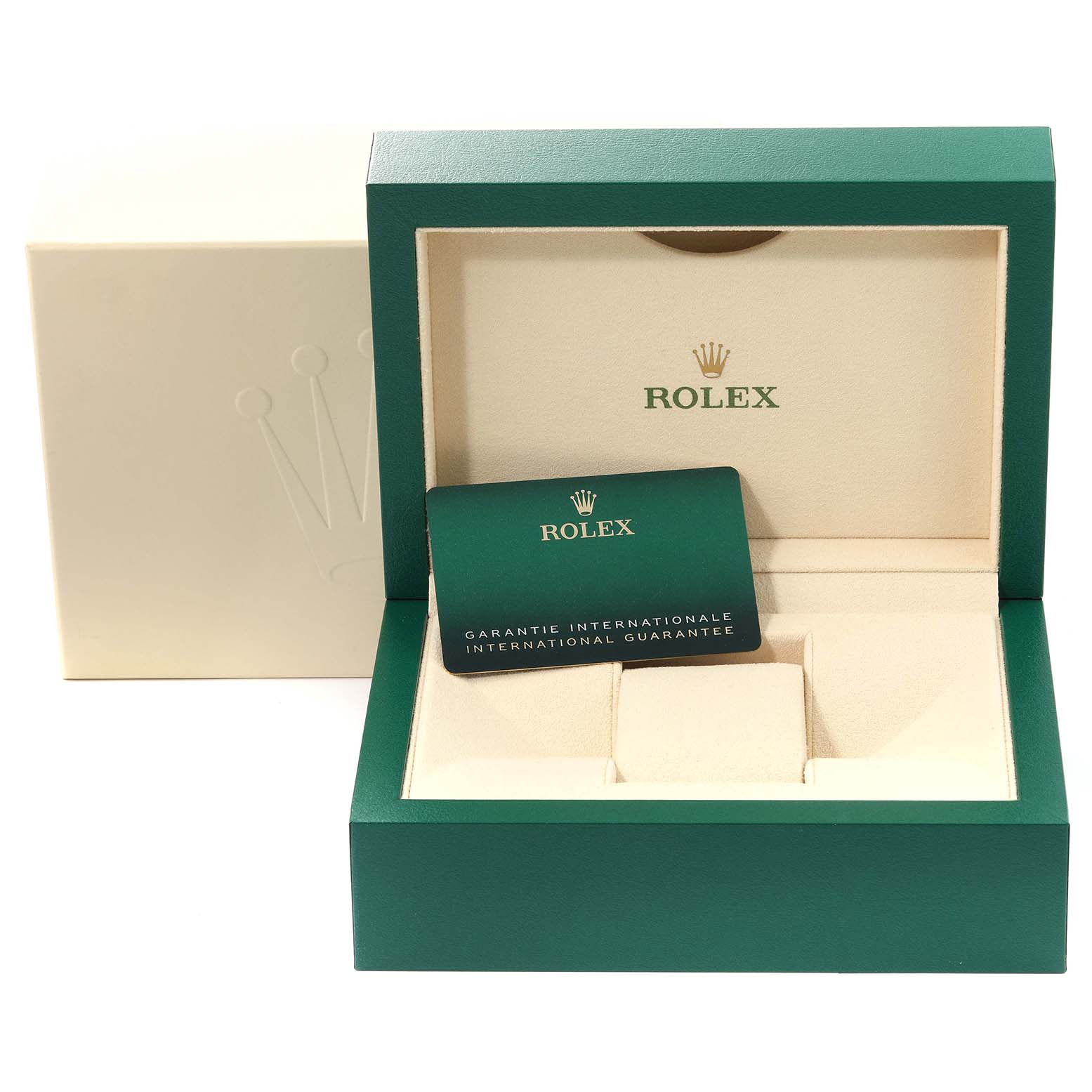 The image shows the box and international guarantee card for the Rolex Sea-Dweller 126603 Men
s Steel and Gold (two tone) Black Dial 126603 Men
s Steel and Gold (two tone) Black Dial watch.
