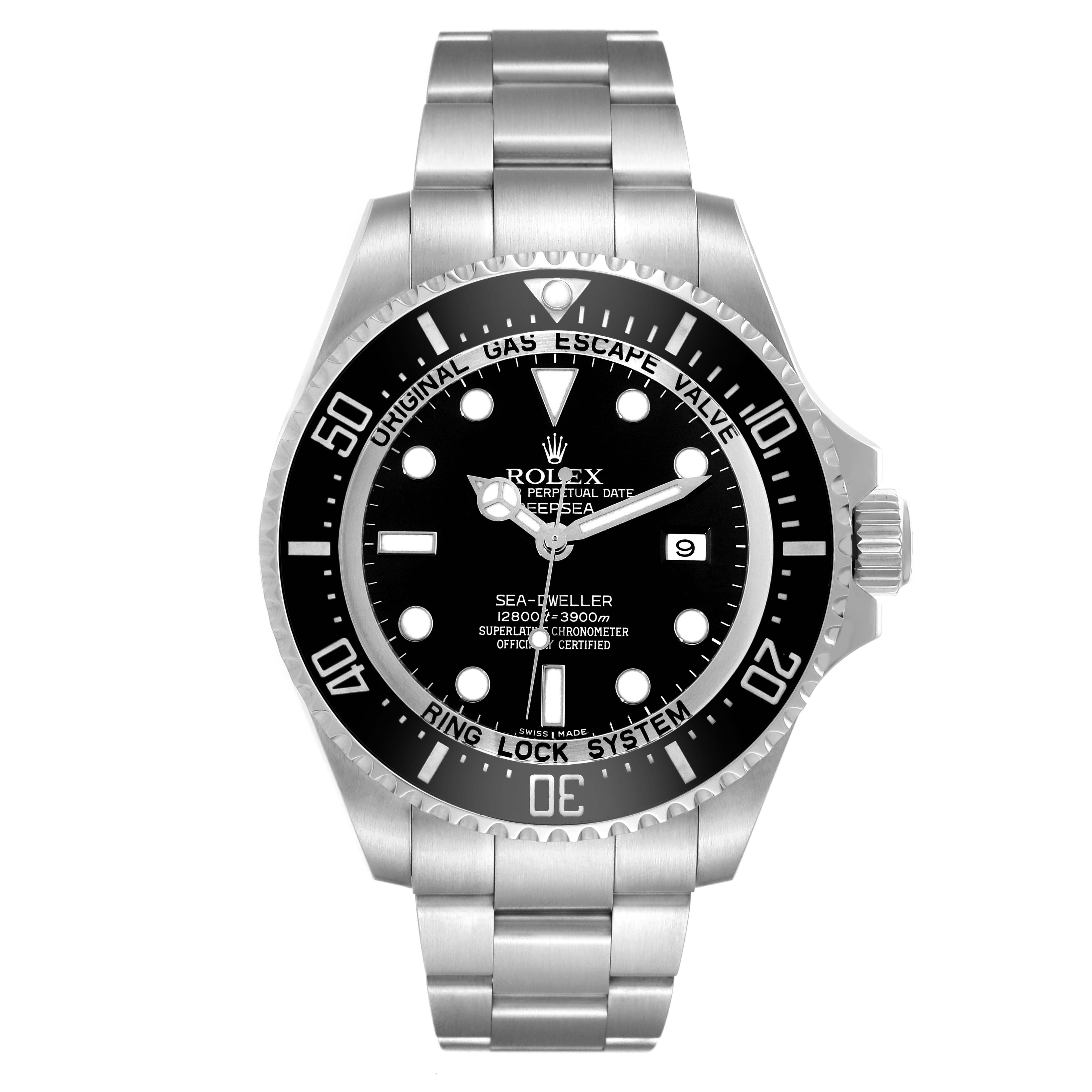 This image shows a front view of a Rolex Sea-Dweller 116660 Men
s Stainless Steel Black Dial 116660 Men
s Stainless Steel Black Dial watch, displaying the dial, bezel, and bracelet.