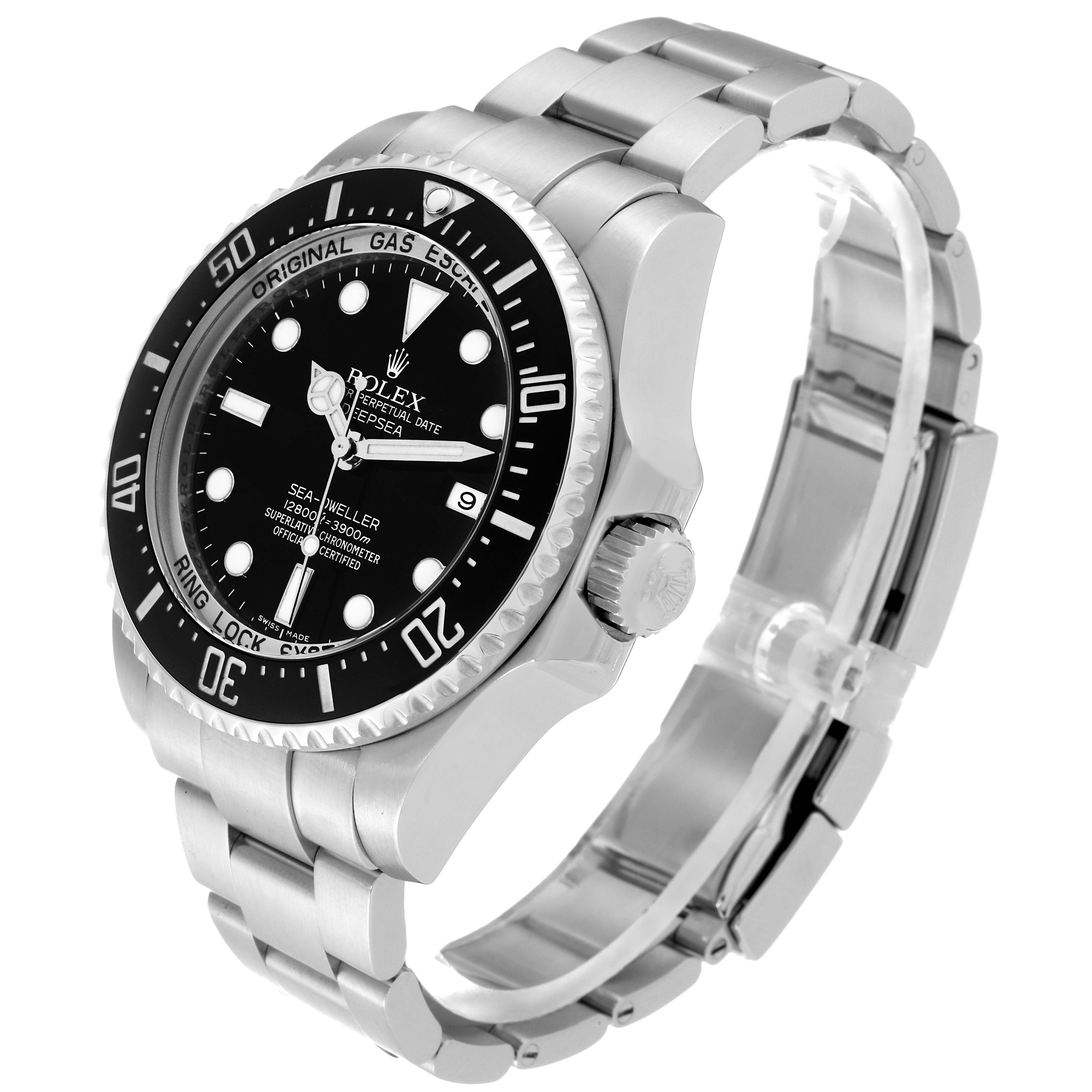 This image shows a Rolex Sea-Dweller 116660 Men
s Stainless Steel Black Dial 116660 Men
s Stainless Steel Black Dial watch at an angle highlighting its face, bezel, crown, and partially open metal bracelet.