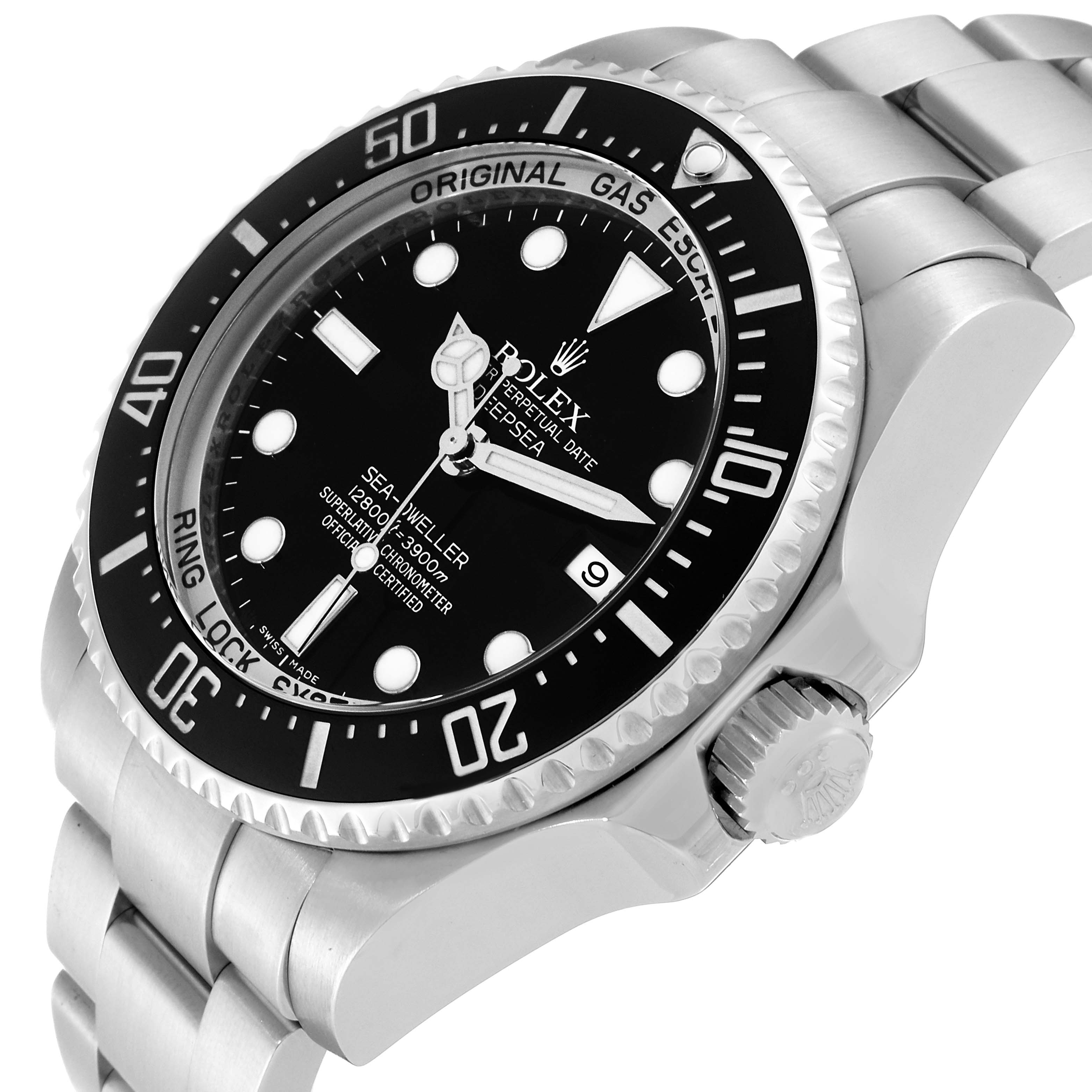 The image displays a close-up angle of the Rolex Sea-Dweller 116660 Men
s Stainless Steel Black Dial 116660 Men
s Stainless Steel Black Dial watch showing the dial, bezel, crown, and part of the bracelet.