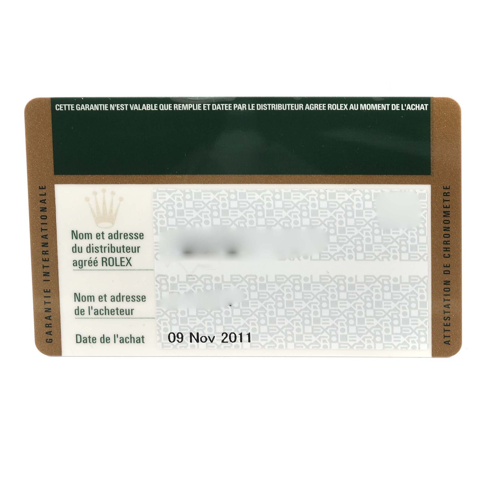 This image shows the Rolex Sea-Dweller 116660 Men
s Stainless Steel Black Dial 116660 Men
s Stainless Steel Black Dial model
s warranty card with purchase date details.