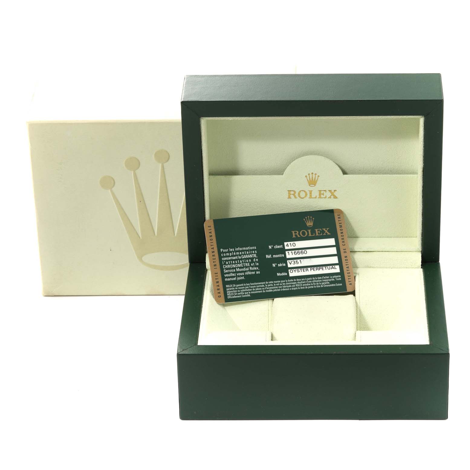 The image shows a Rolex Sea-Dweller 116660 Men
s Stainless Steel Black Dial 116660 Men
s Stainless Steel Black Dial watch box with an Best Quality
ation card placed inside, seen from the front angle.