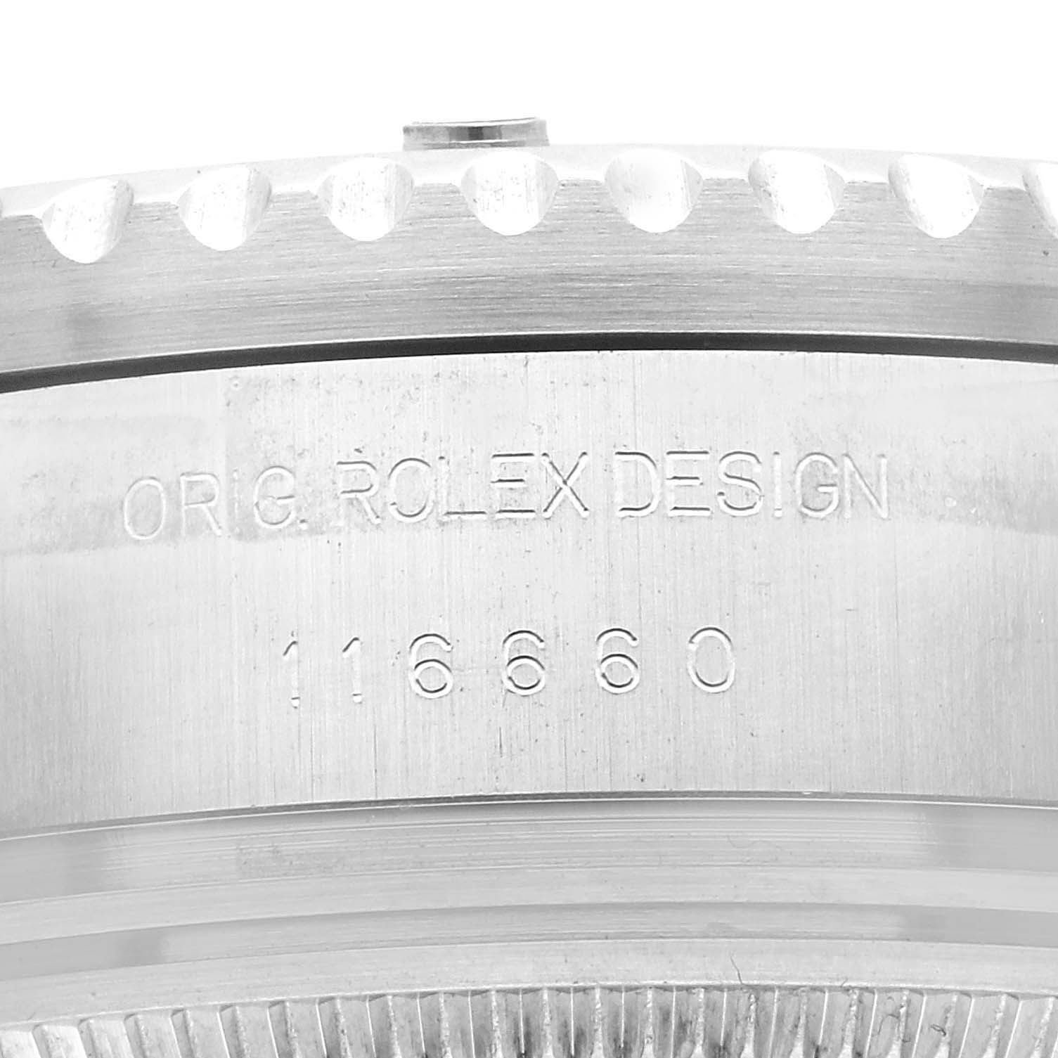 This image shows the engraved side of the case and bezel of the Rolex Sea-Dweller 116660 Men
s Stainless Steel Black Dial 116660 Men
s Stainless Steel Black Dial 16660 watch.