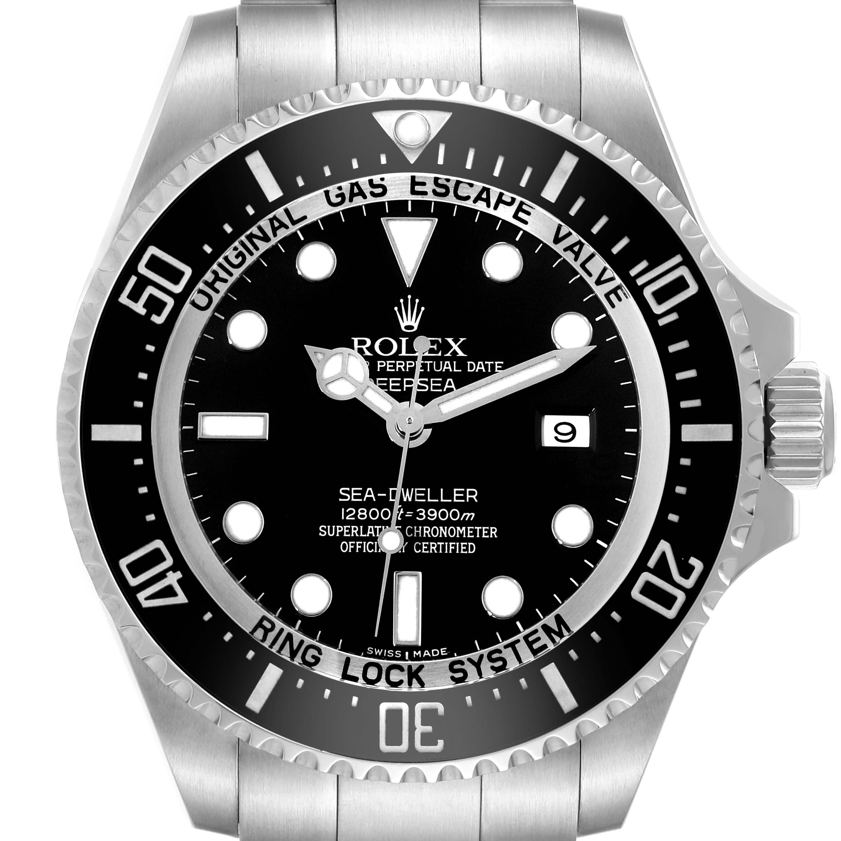 This image shows a front view of the Rolex Sea-Dweller 116660 Men
s Stainless Steel Black Dial 116660 Men
s Stainless Steel Black Dial watch, highlighting its dial, bezel, and part of the bracelet.