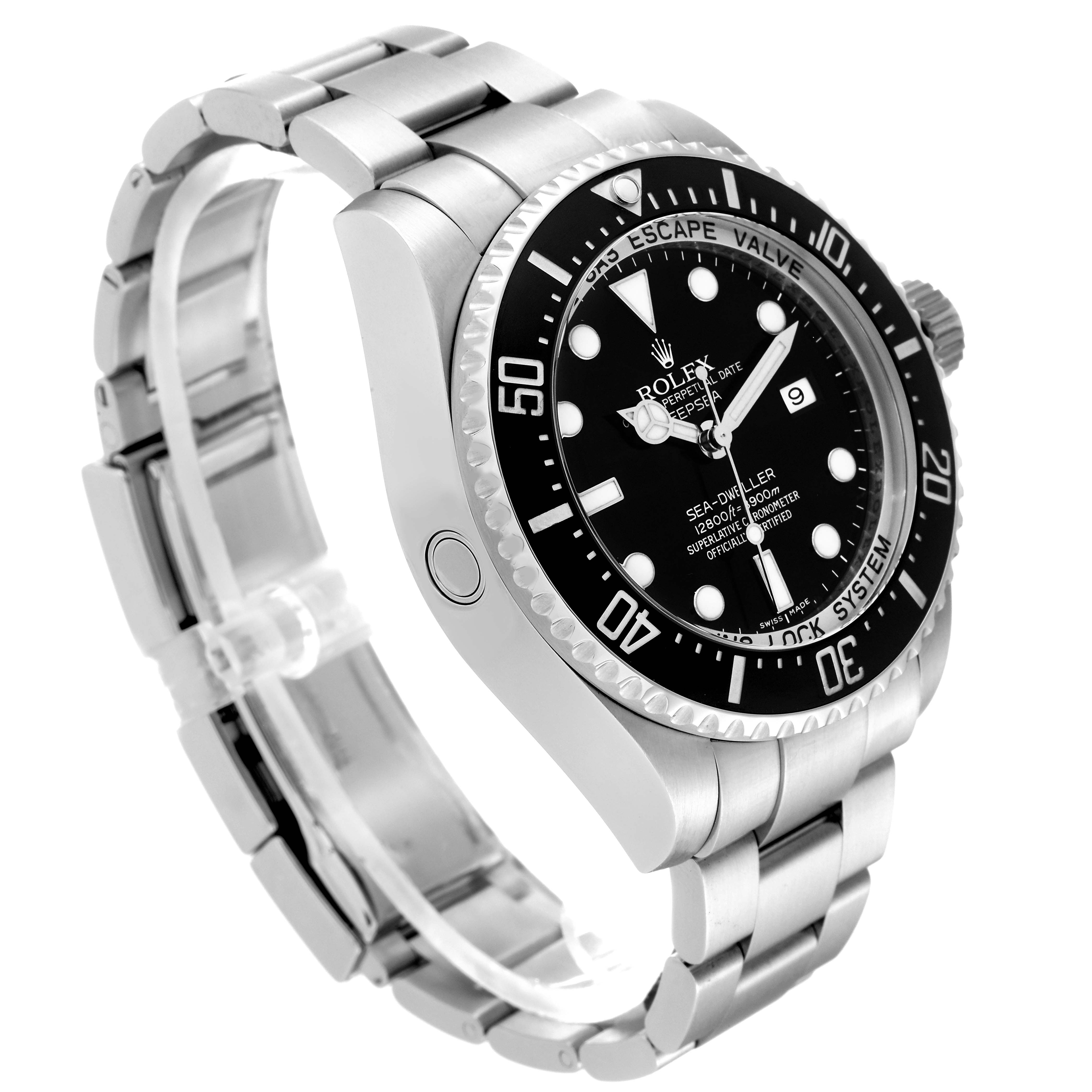 The image shows a side angle of the Rolex Sea-Dweller 116660 Men
s Stainless Steel Black Dial 116660 Men
s Stainless Steel Black Dial, highlighting the watch
s face, bezel, and metal bracelet.