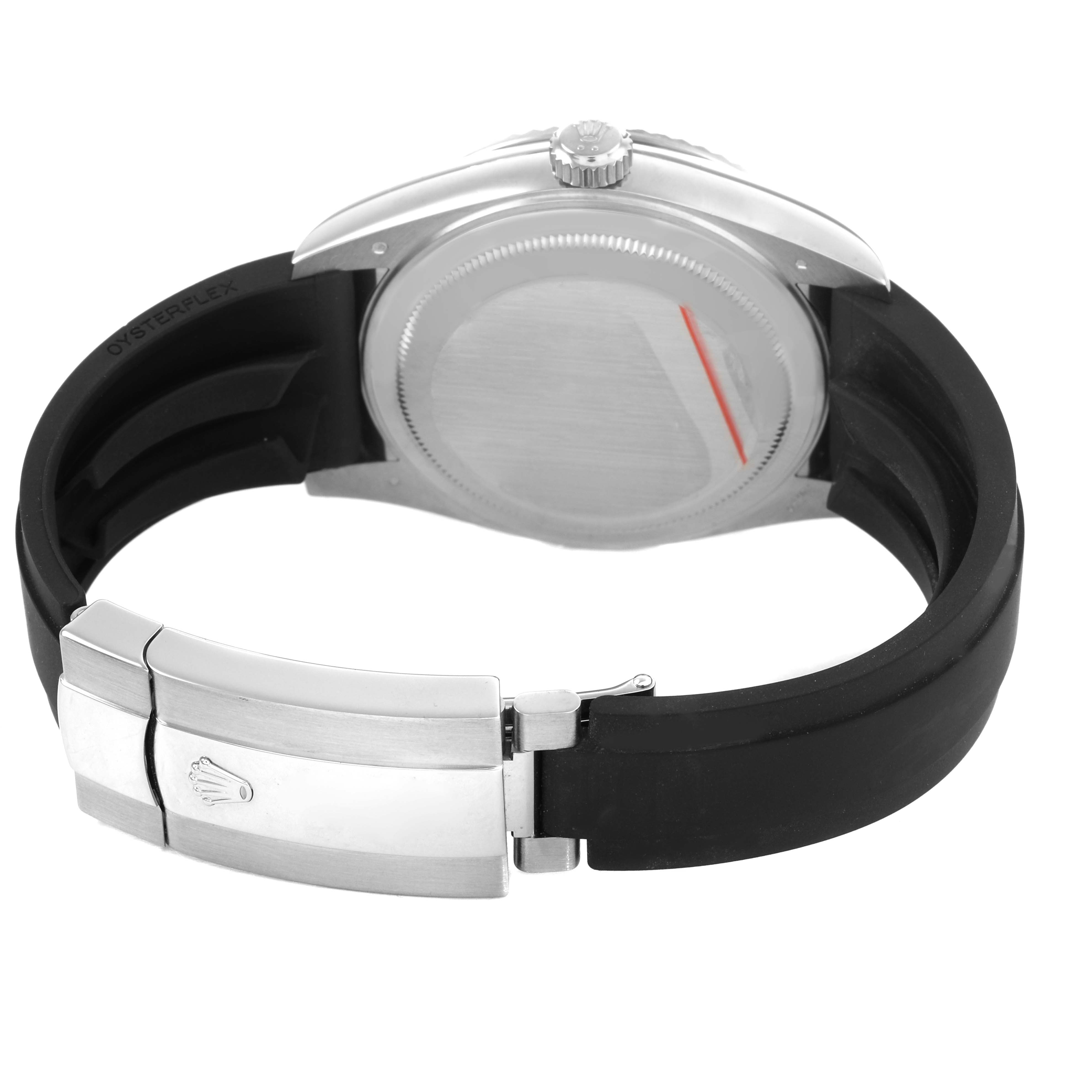 The image shows the back of a Rolex Sky-Dweller 336239 Men's White Gold Black Dial watch, highlighting the case back, crown, and Oysterflex bracelet with clasp.